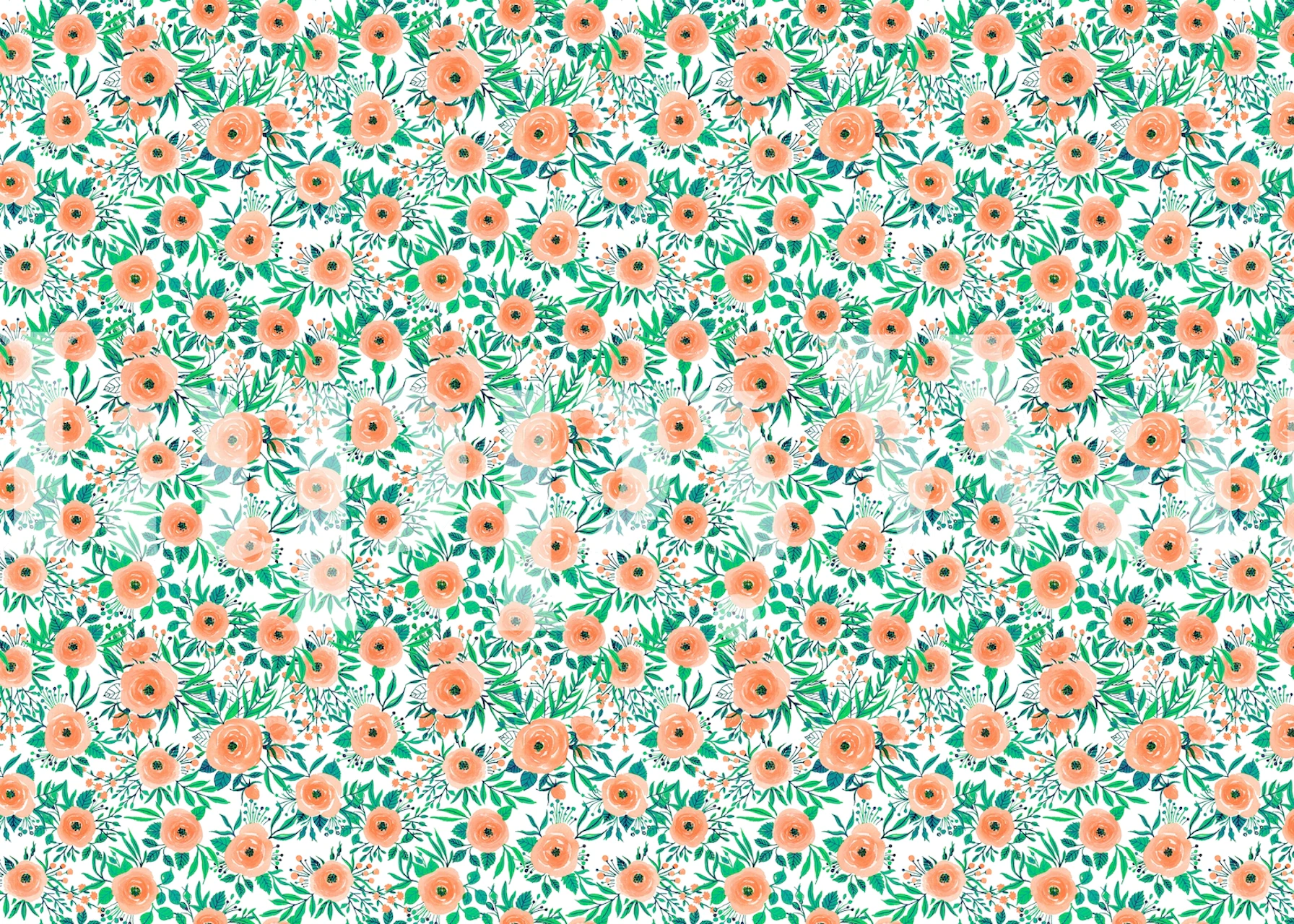 Orange floral pattern with green leaves wallpaper