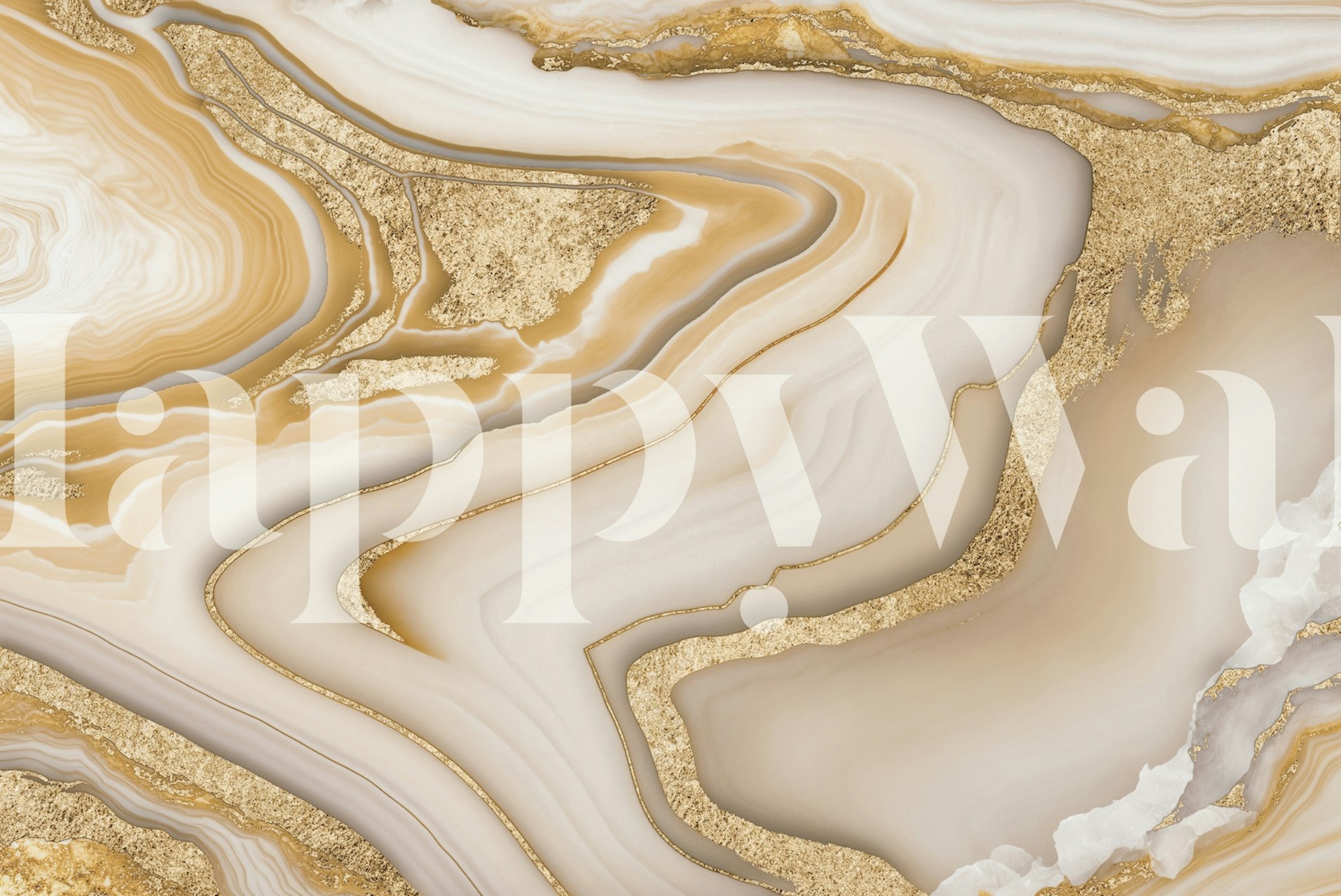 White and gold marble wallpaper with flowing patterns.