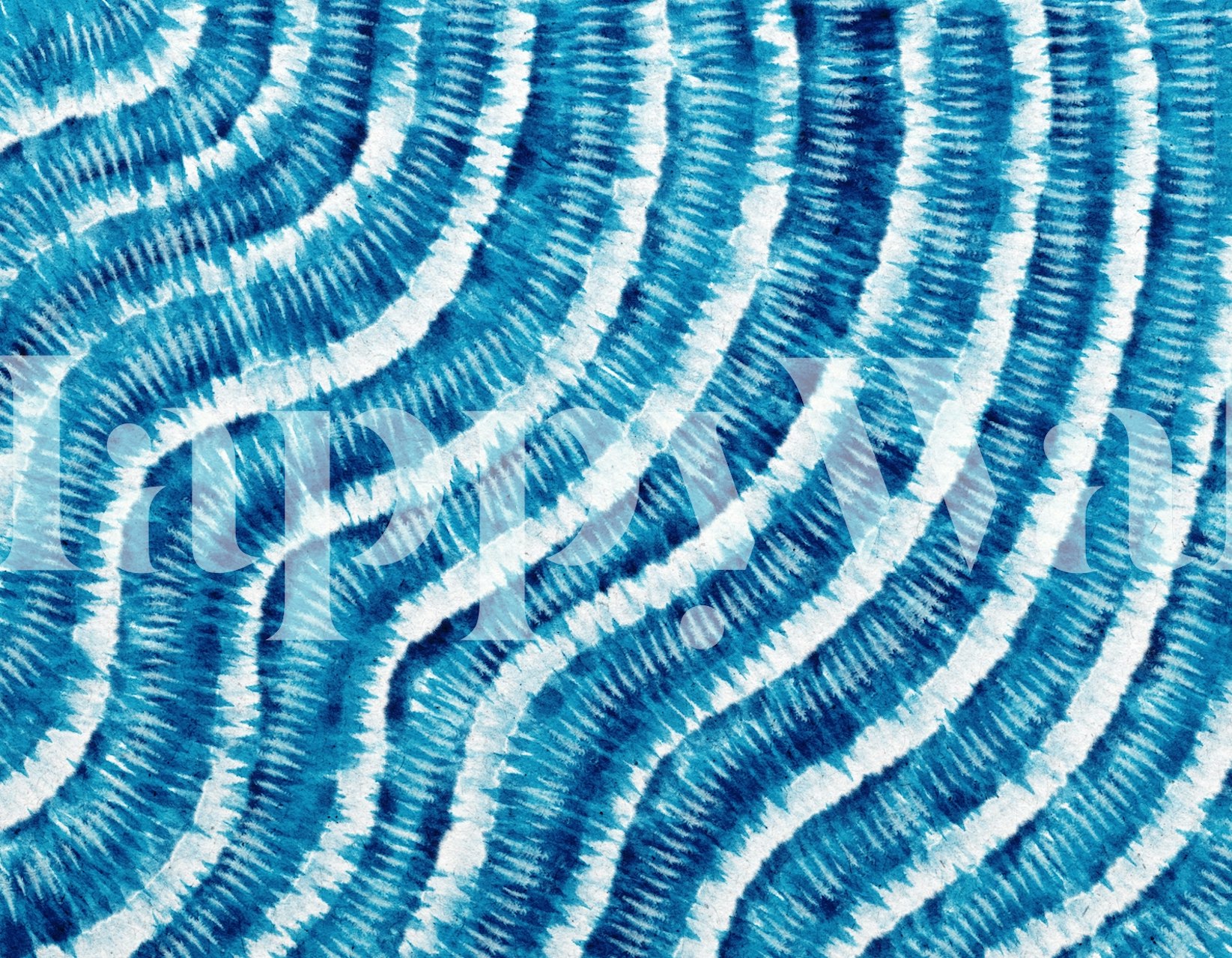 Tie dye wall mural in shades of blue with a wave-like pattern