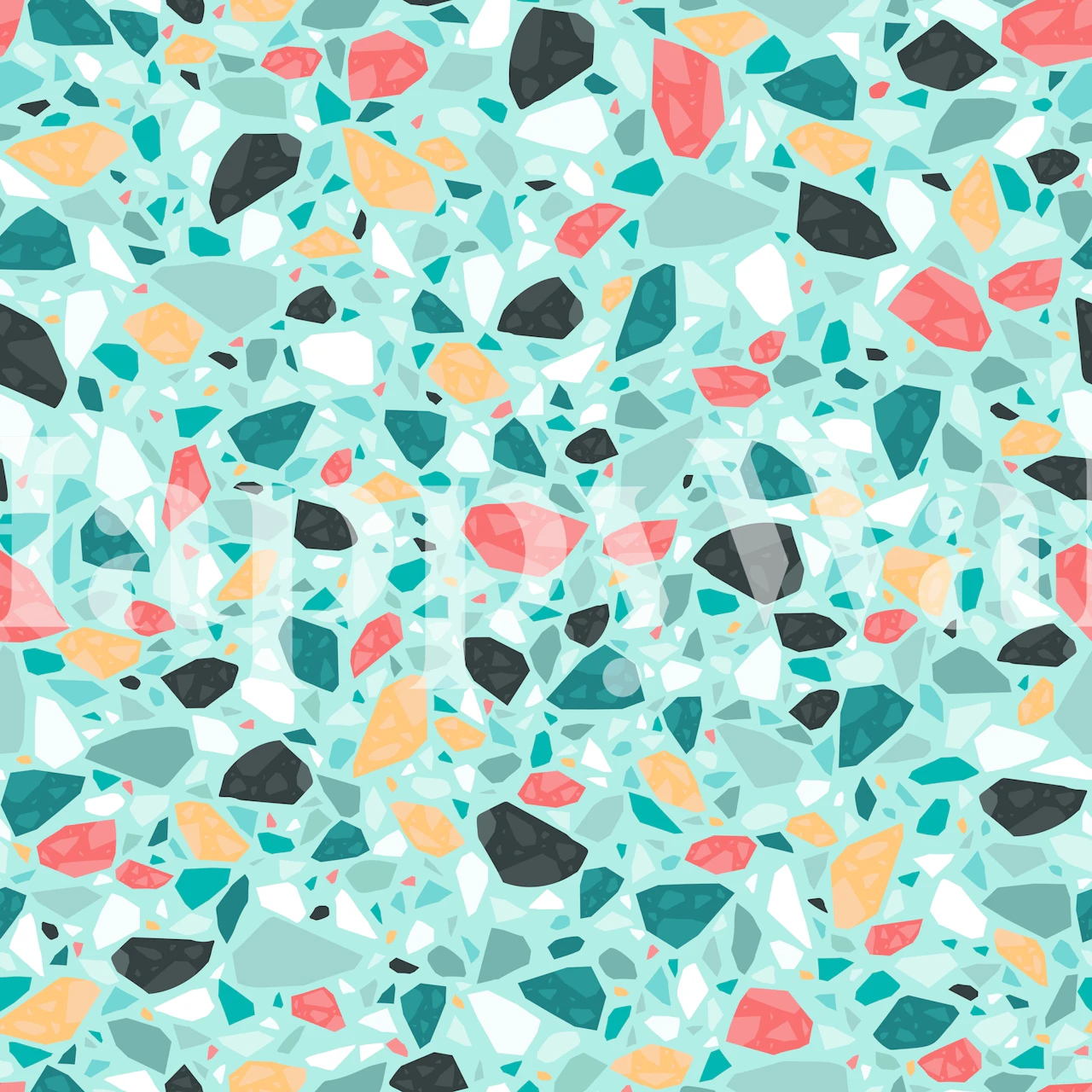 Fototapeta Mint Terrazzo Mosaic Pattern se směsí korálových, černých a pastelových úlomků na bílém pozadí