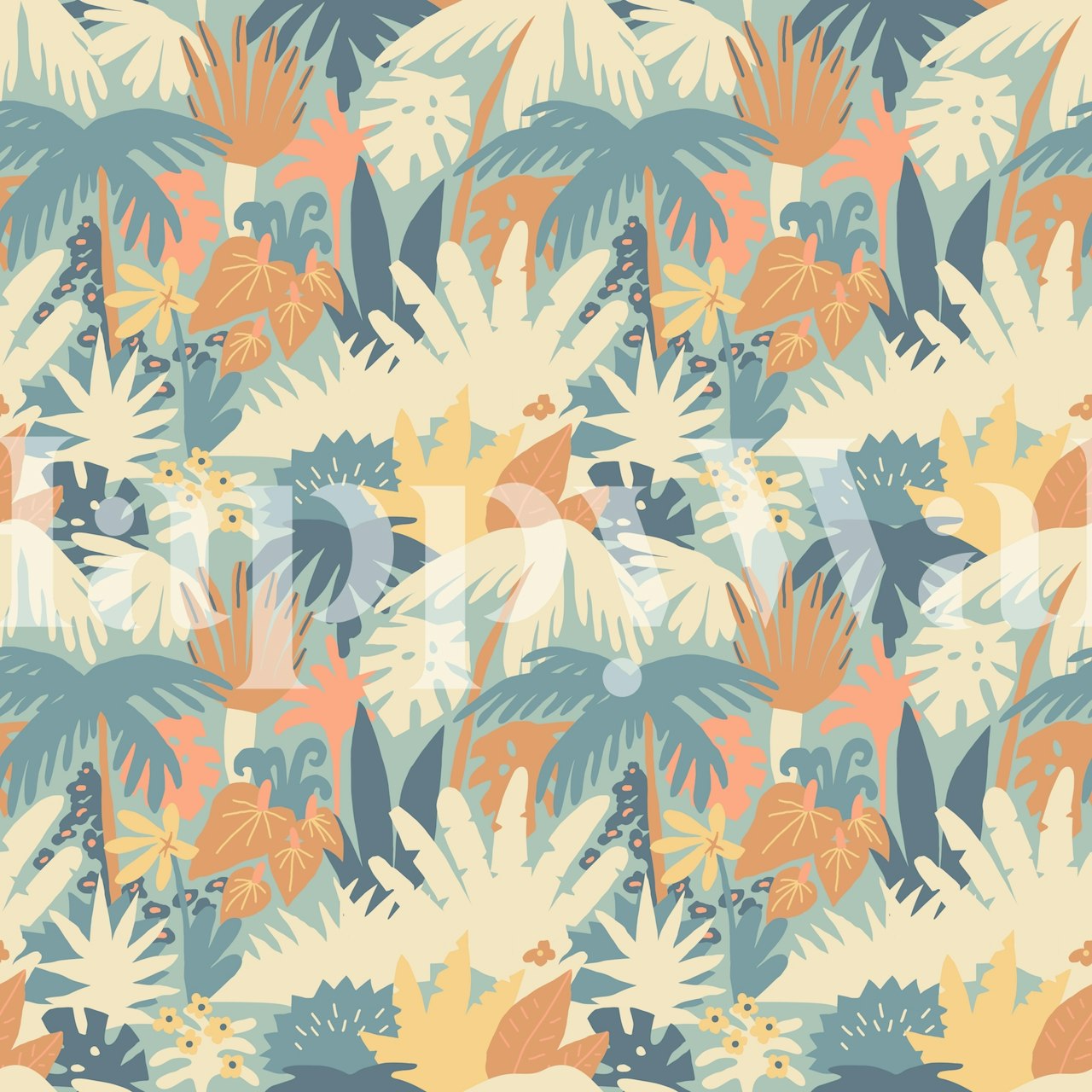 Tropical jungle wallpaper with palm leaves in soft greens and peach tones