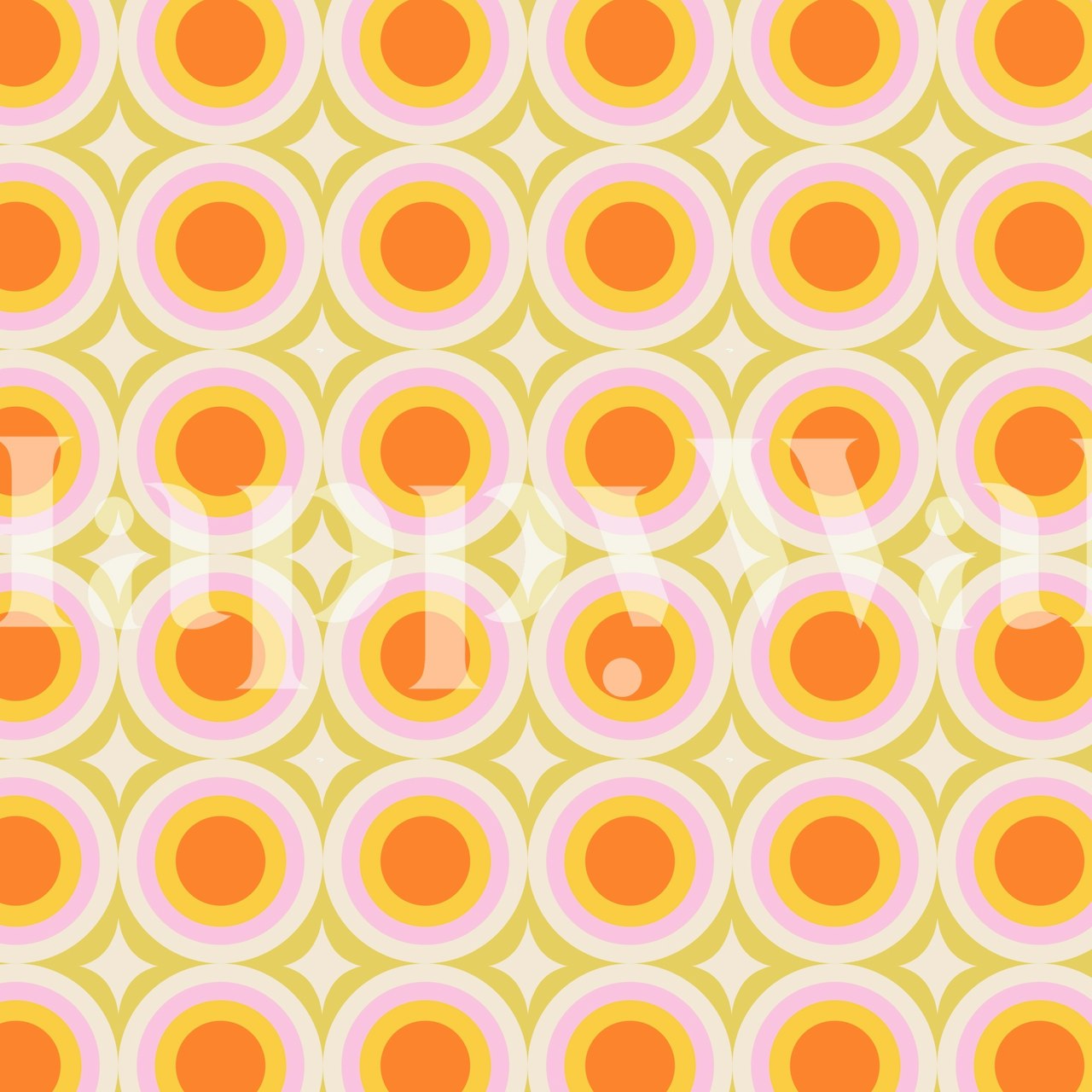 Mural de pared Groovy Dots Sage con patrones circulares naranjas y blancos sobre un fondo verde pálido