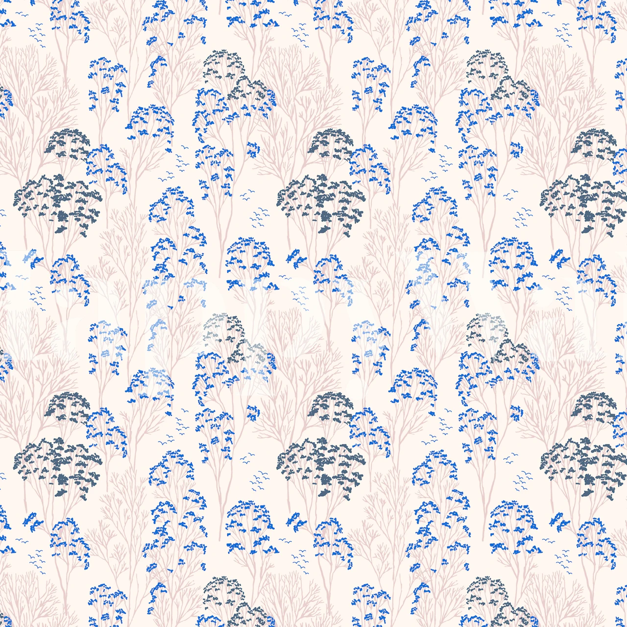 Blue floral pattern with calm trees on light background wallpaper