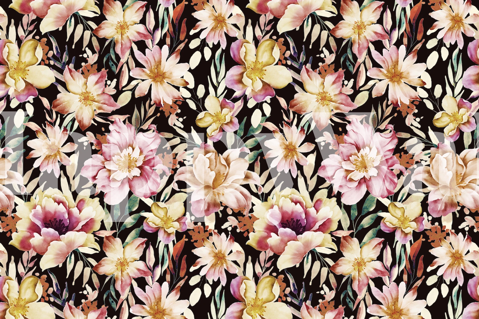 Vibrant floral pattern in shades of pink and yellow on dark background wallpaper