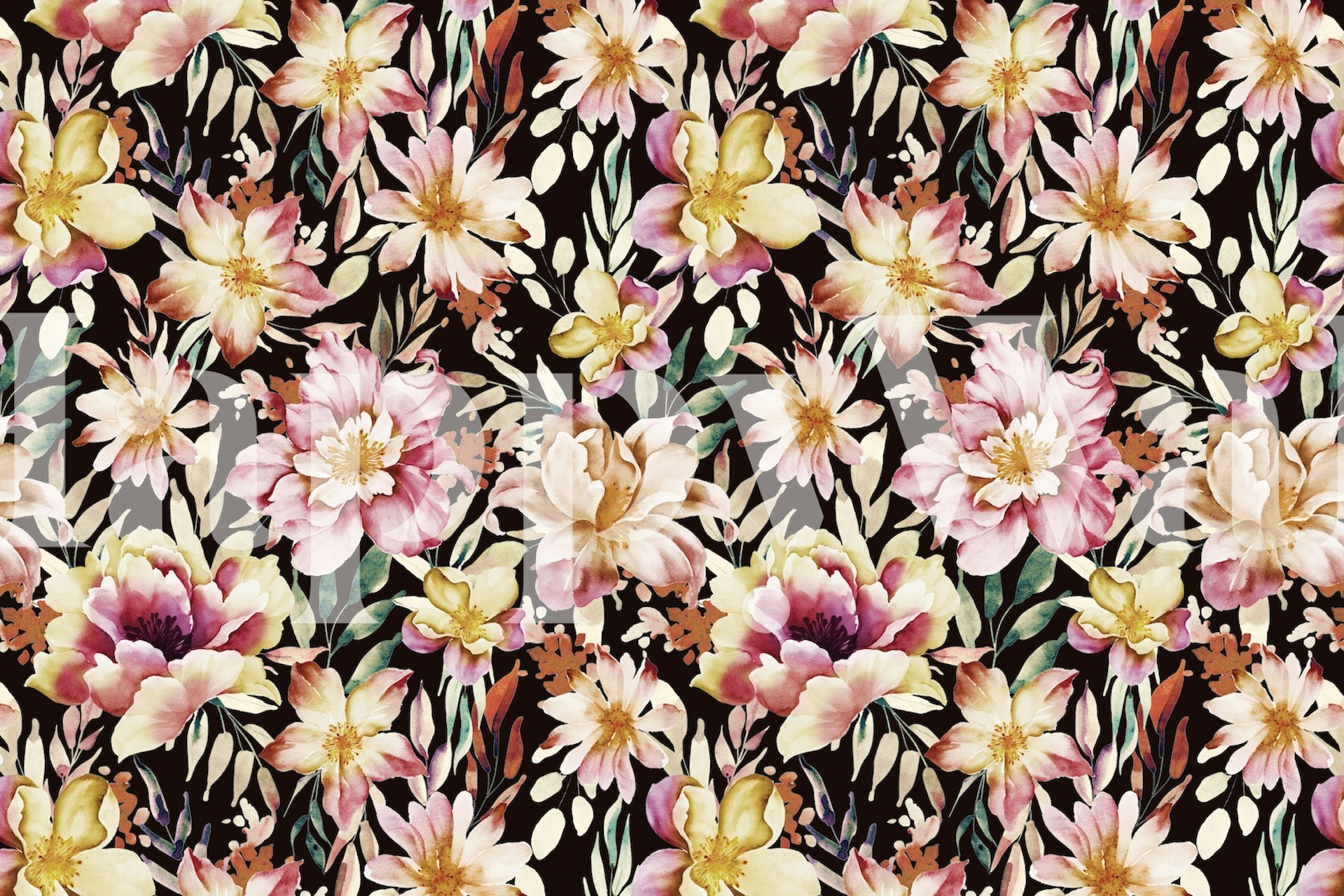 Vibrant floral pattern in shades of pink and yellow on dark background wallpaper