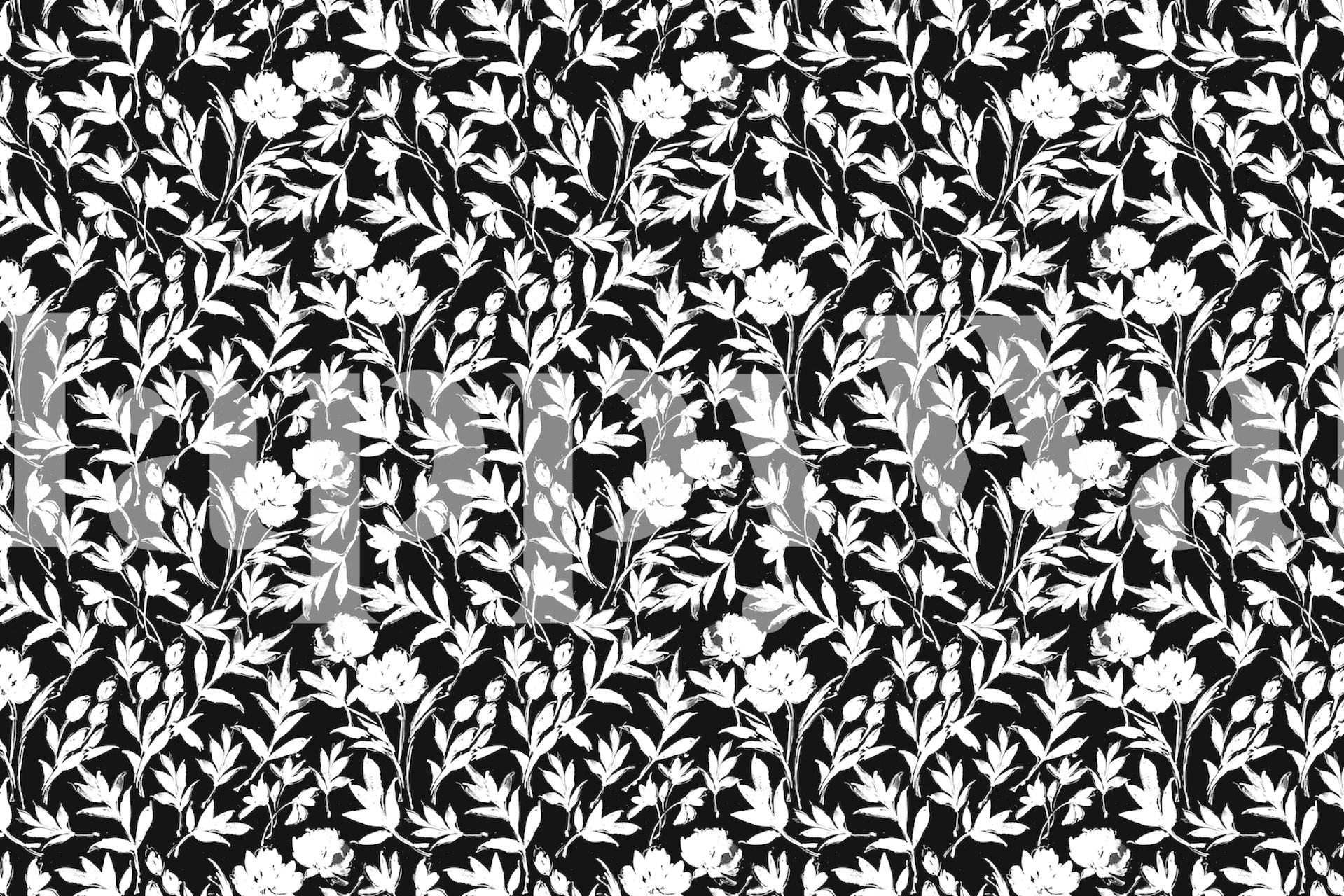 Floral pattern with white flowers and leaves on black background wallpaper