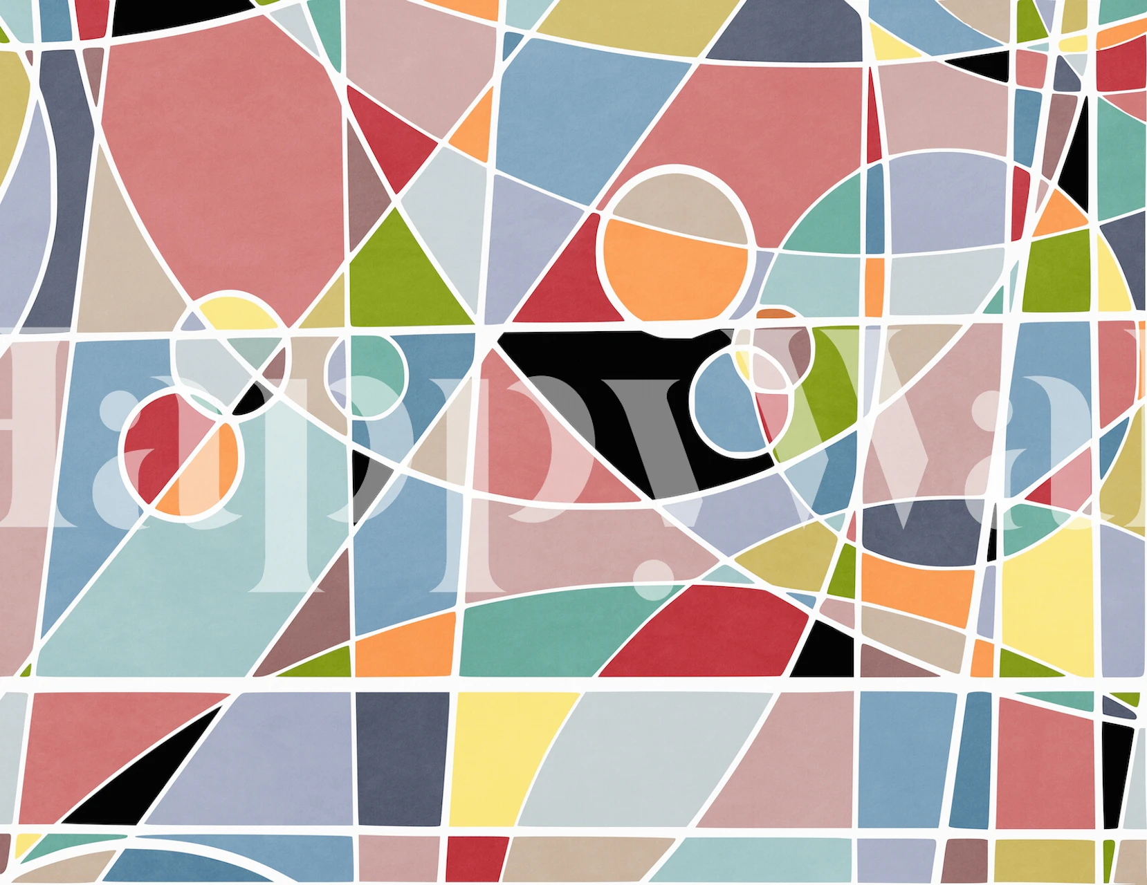 Fotomural de formas geométricas abstractas en colores pastel con contornos llamativos