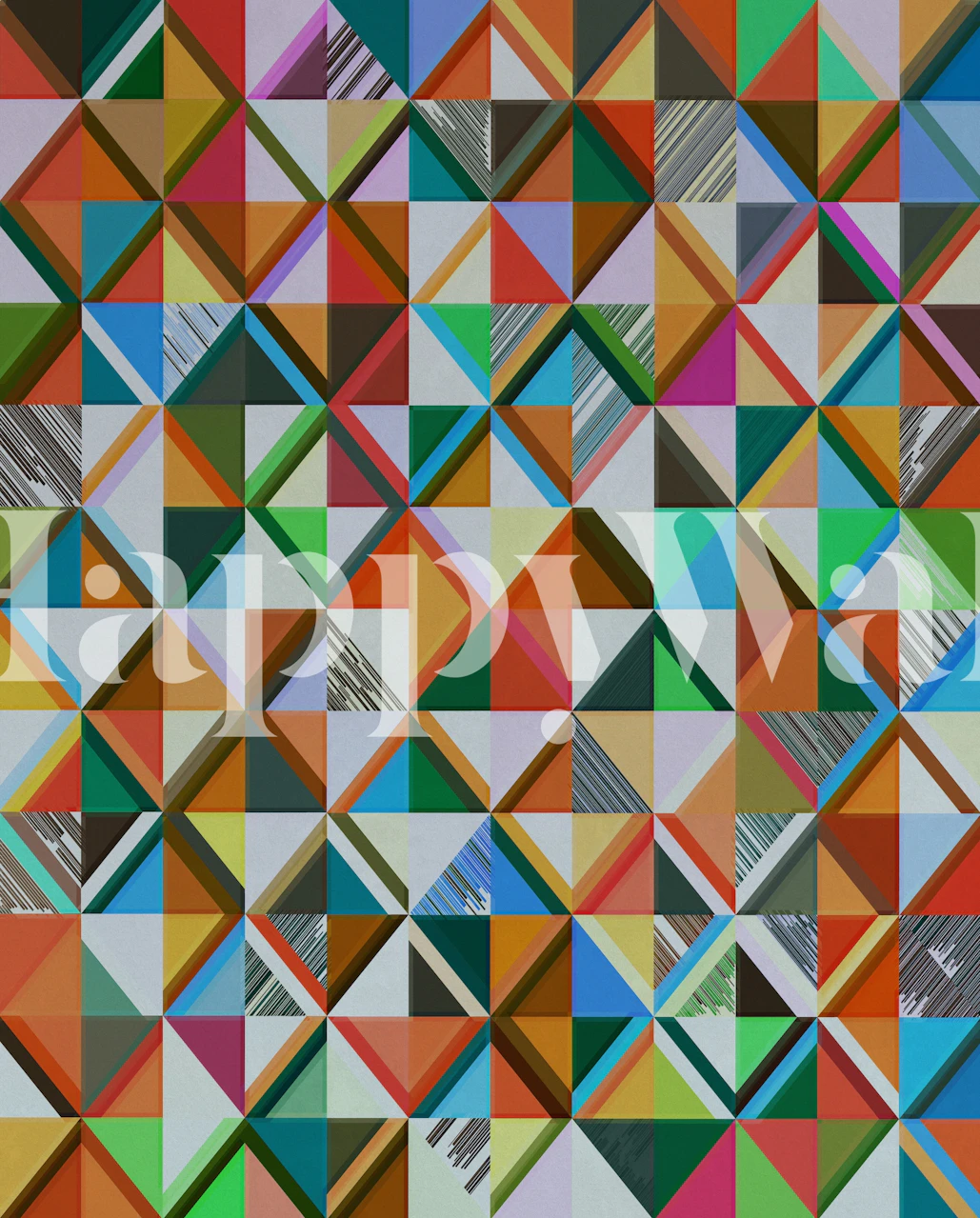 Colorful geometric triangles in various shades of blue, green, orange, and pink wallpaper