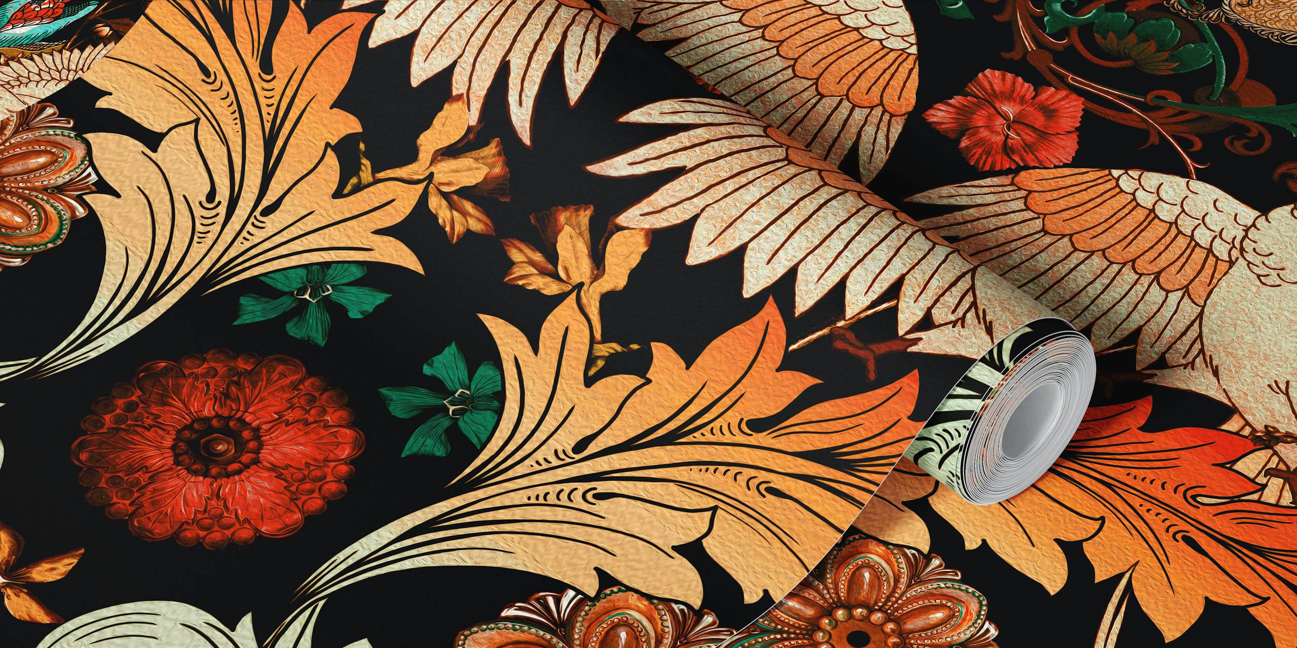 Fotomural con estampado floral de estilo victoriano en colores intensos y oscuros.