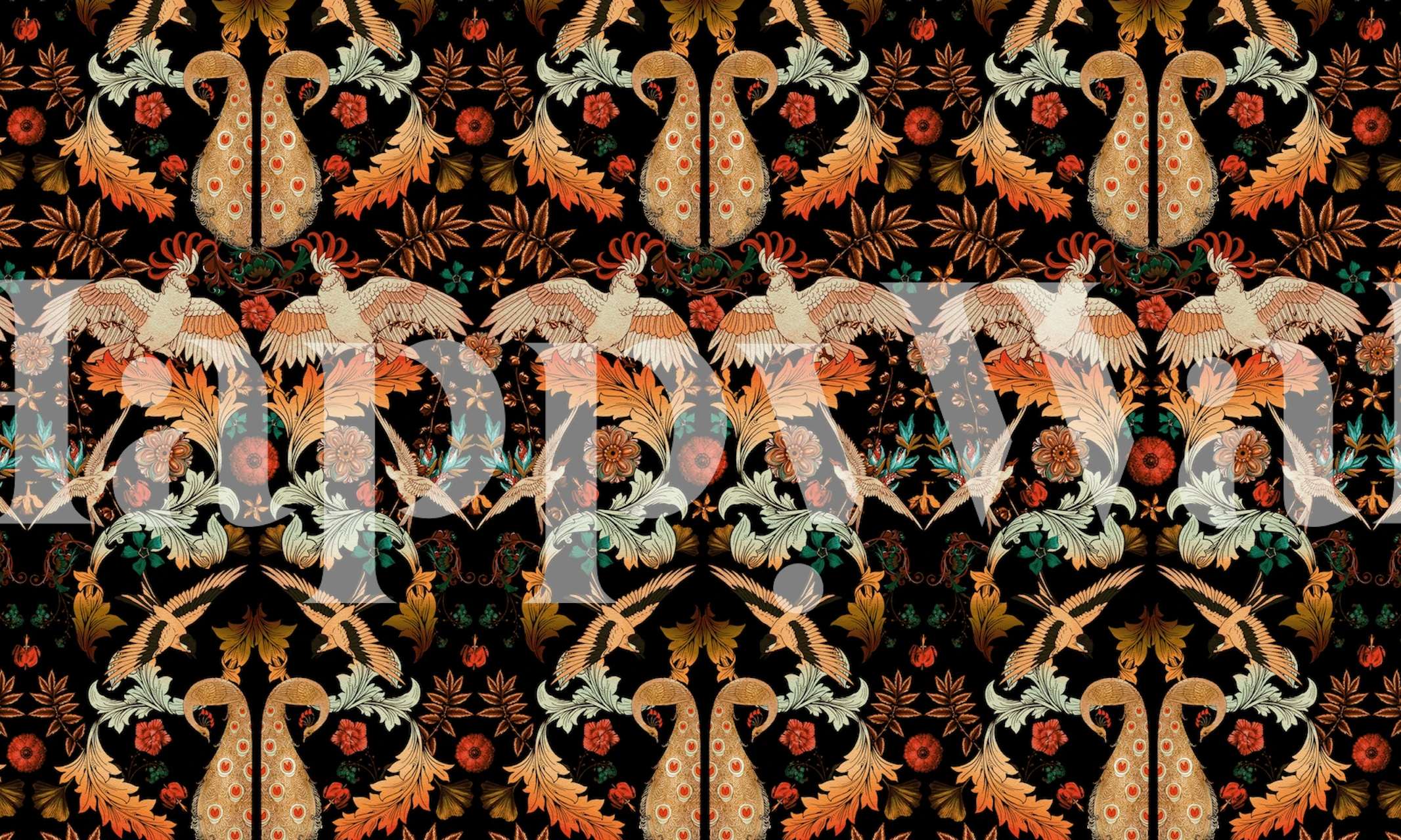Fototapete mit Blumenmuster im viktorianischen Stil in dunklen, satten Farben.