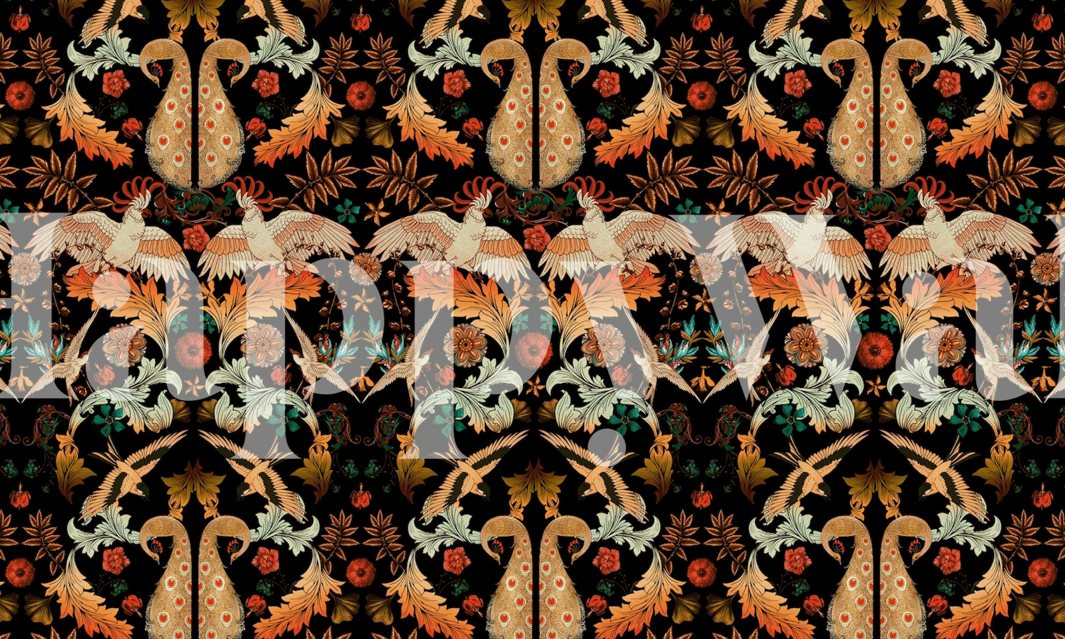 Fotomural con estampado floral de estilo victoriano en colores intensos y oscuros.