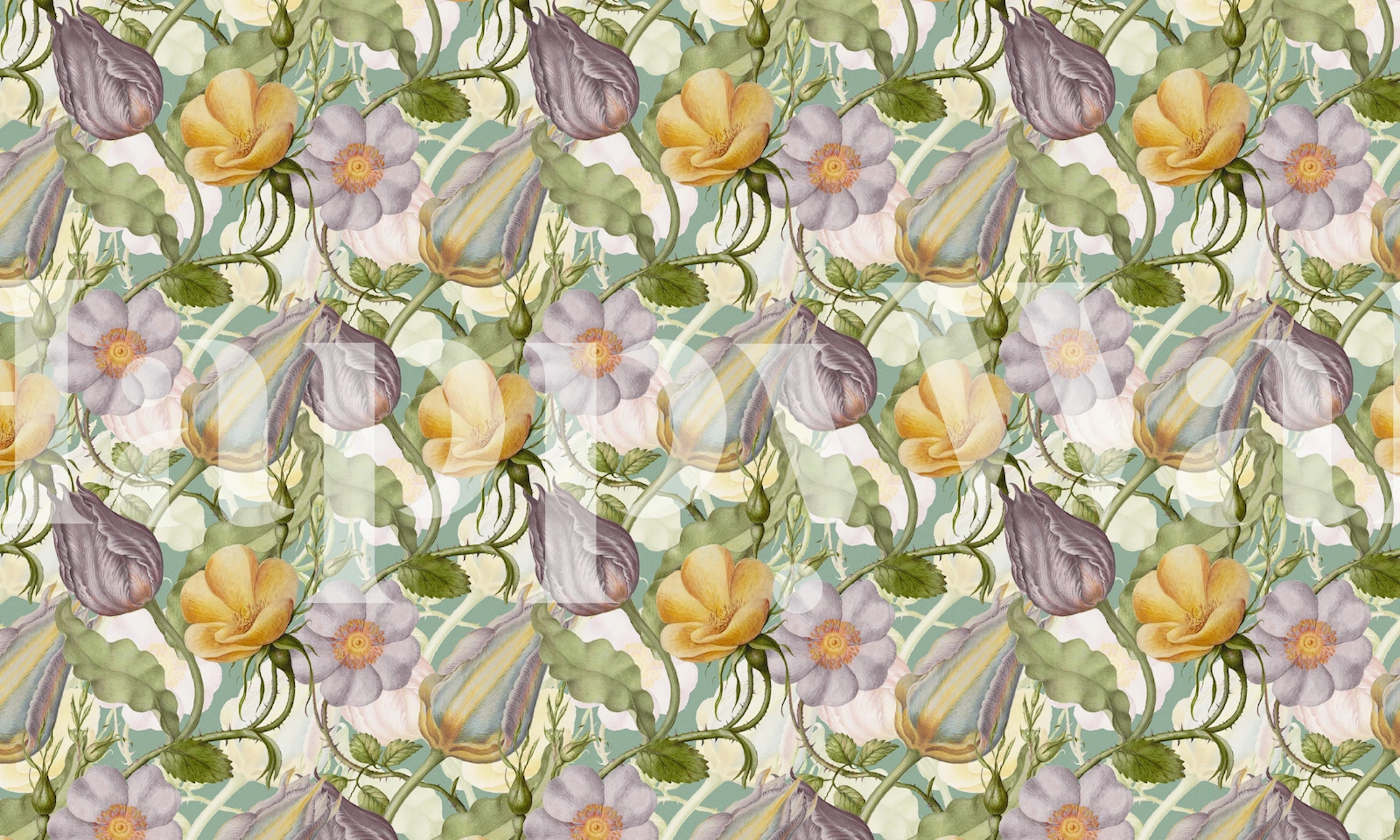 Floral wallpaper with yellow and purple blooms on green background