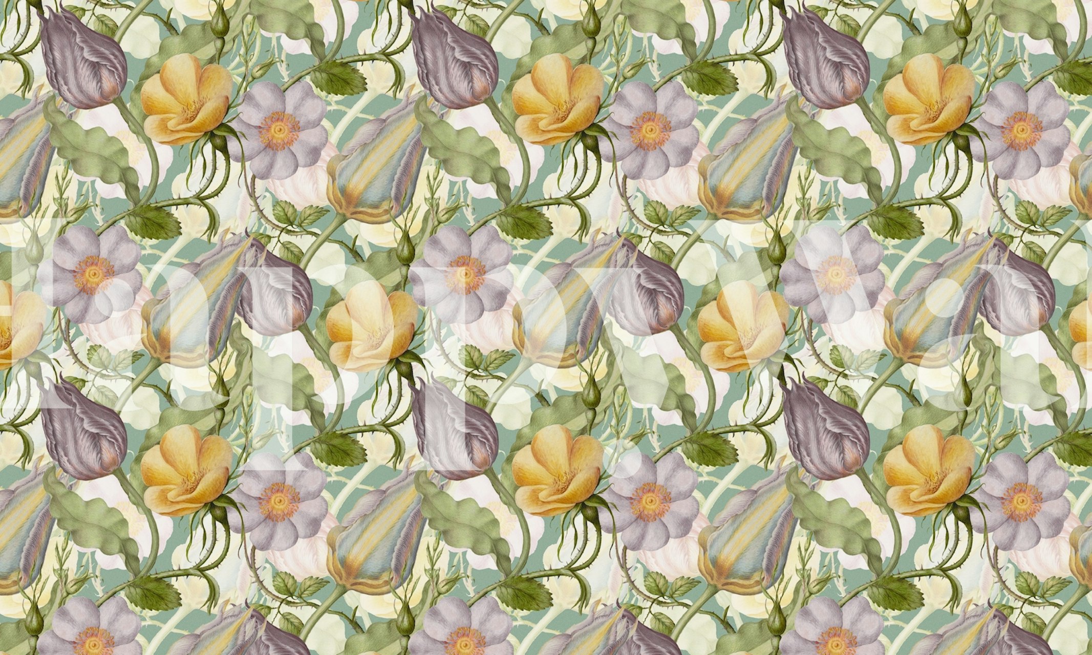 Floral wallpaper with yellow and purple blooms on green background