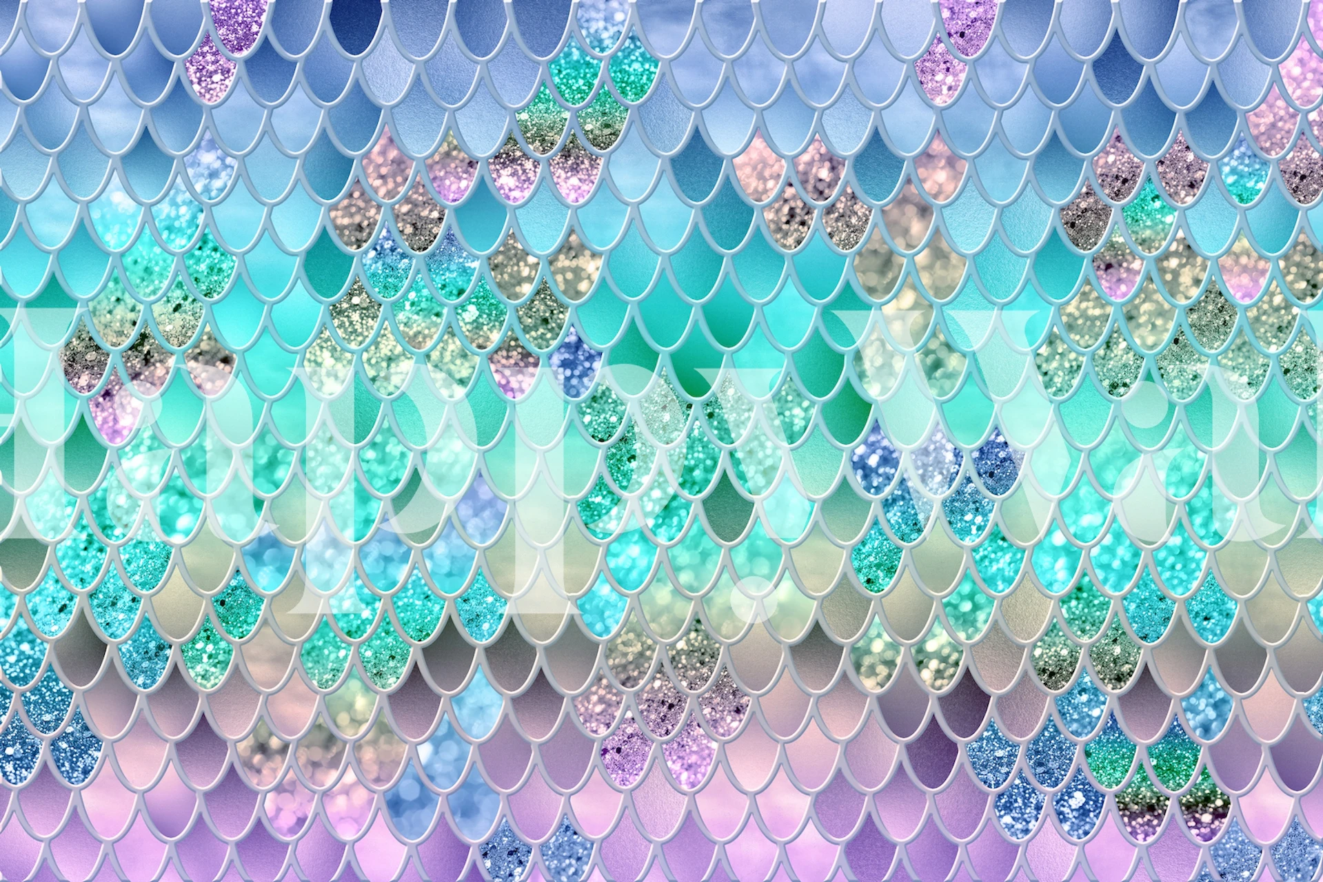Pastel mermaid scale pattern wallpaper in a room