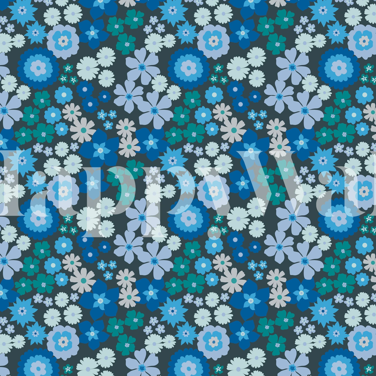 Papier peint Deep Blue Flowers avec des motifs floraux complexes dans des tons de bleu