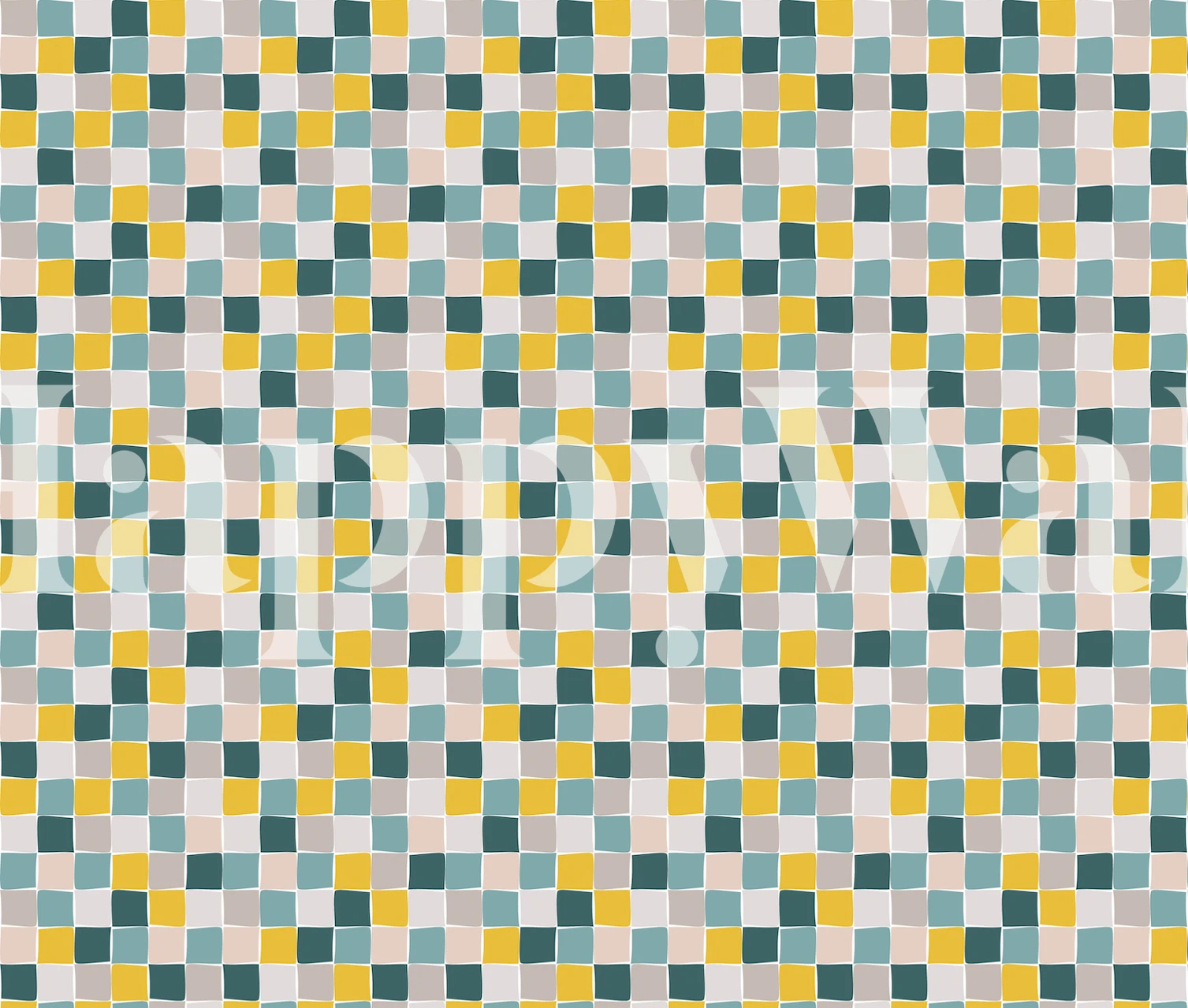 Colorful geometric pattern of squares in teal, yellow, and cream wallpaper