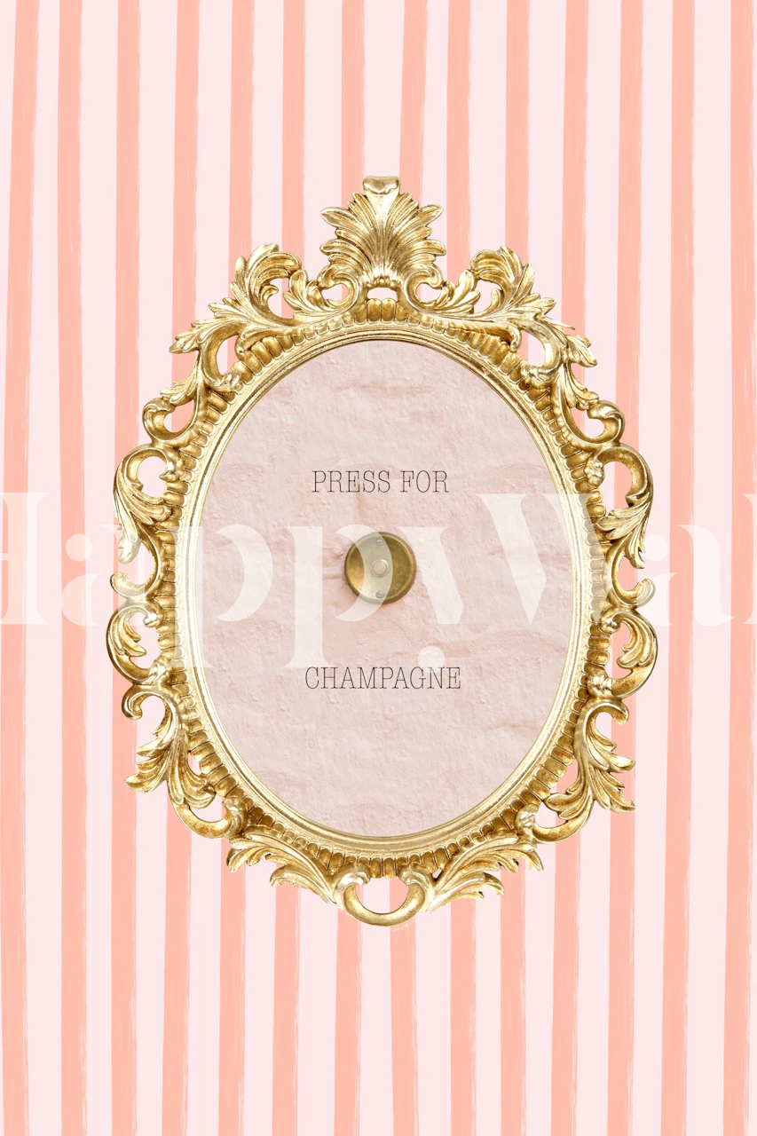 Pink striped wallpaper with a decorative champagne button design