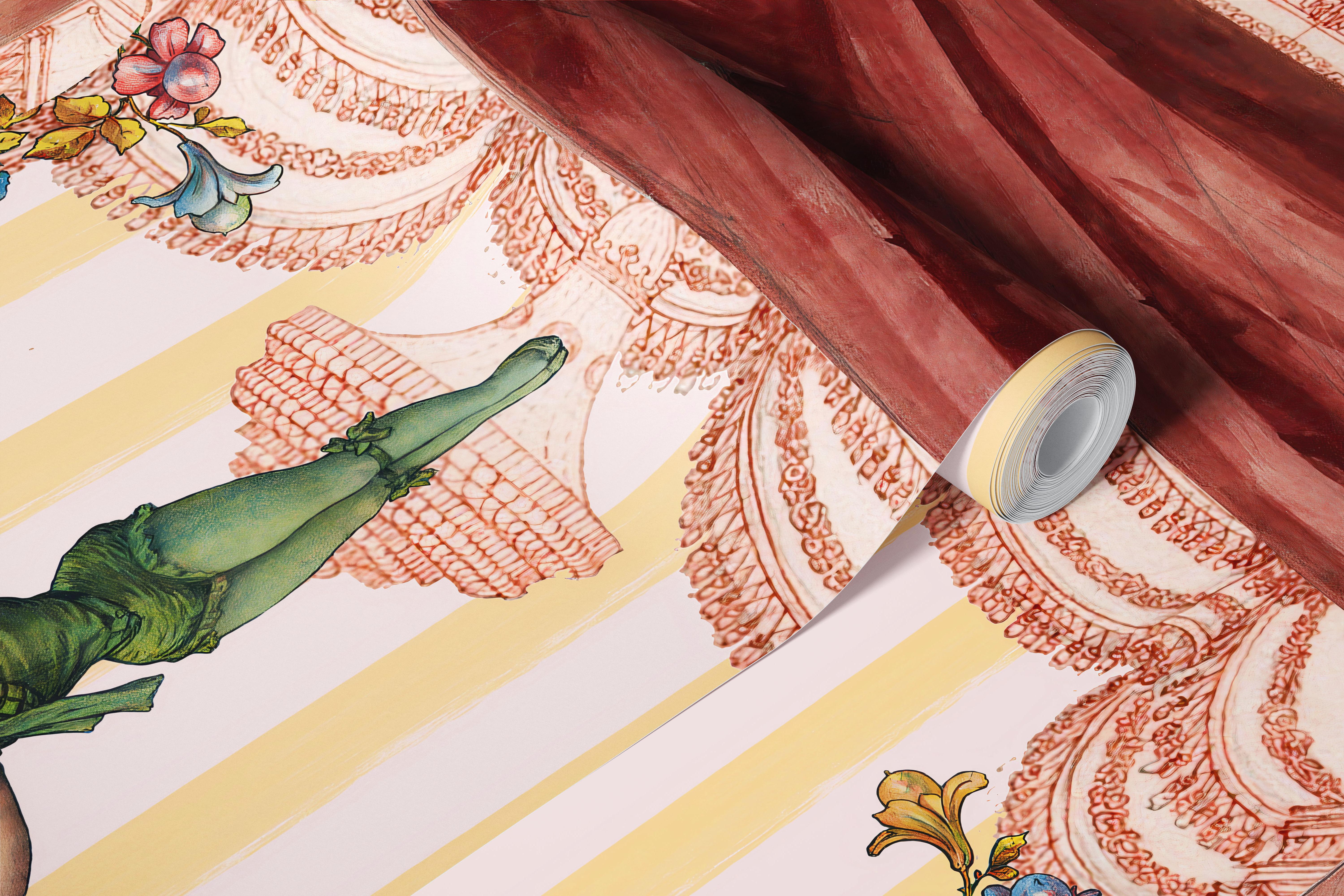 Pink striped, floral and theater-themed wallpaper