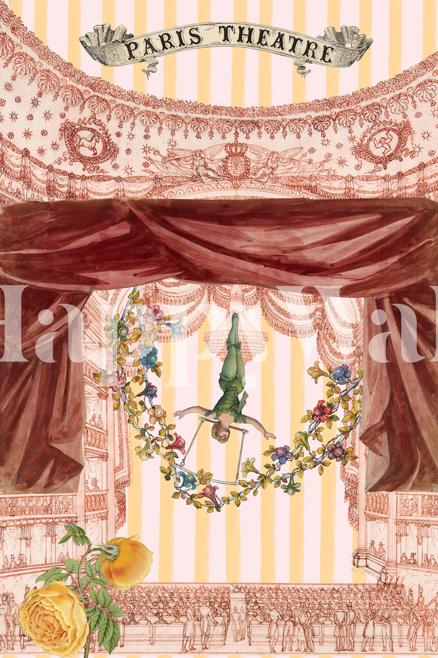 Pink striped, floral and theater-themed wallpaper