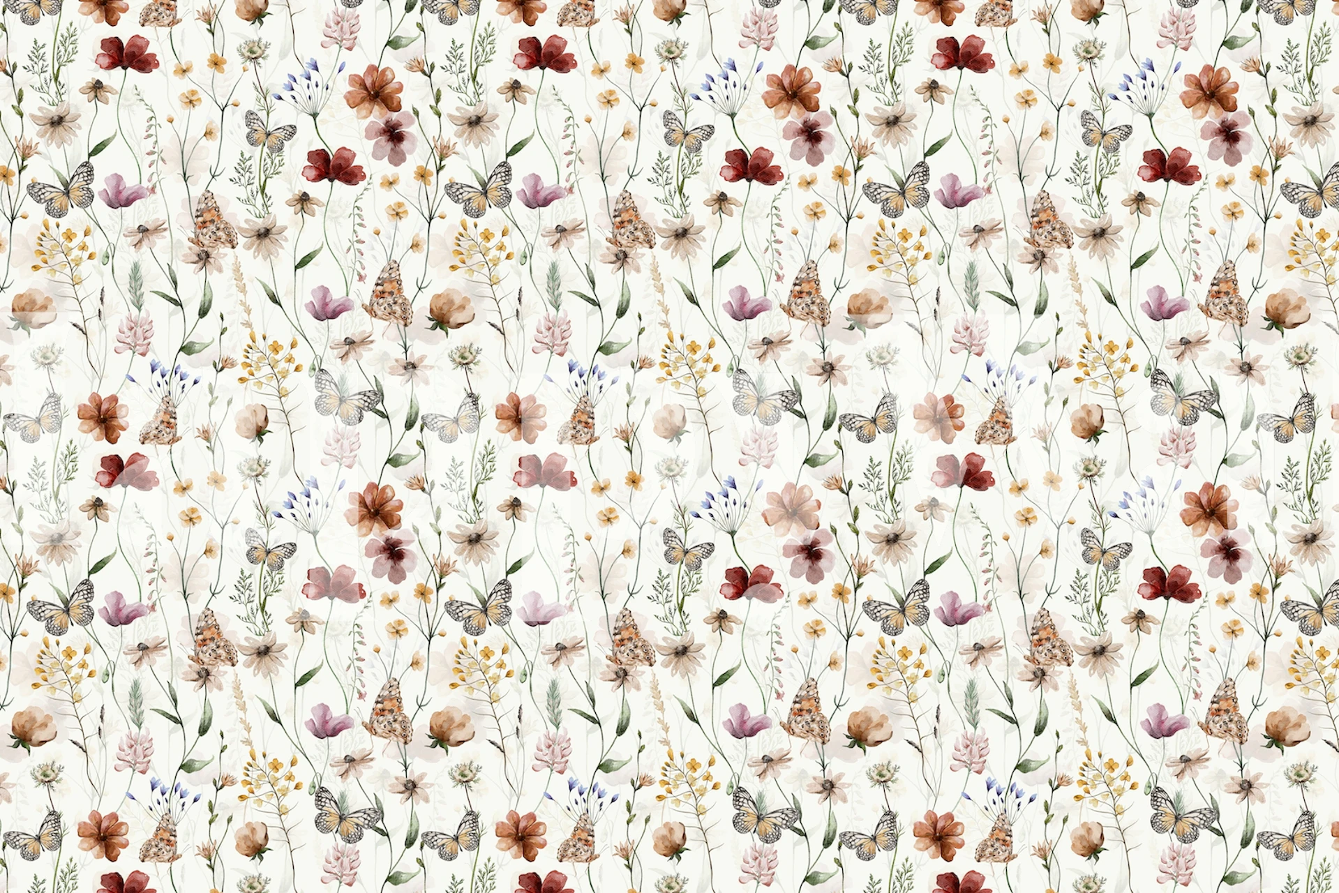Delicate floral patterns with butterflies in soft, warm tones wallpaper