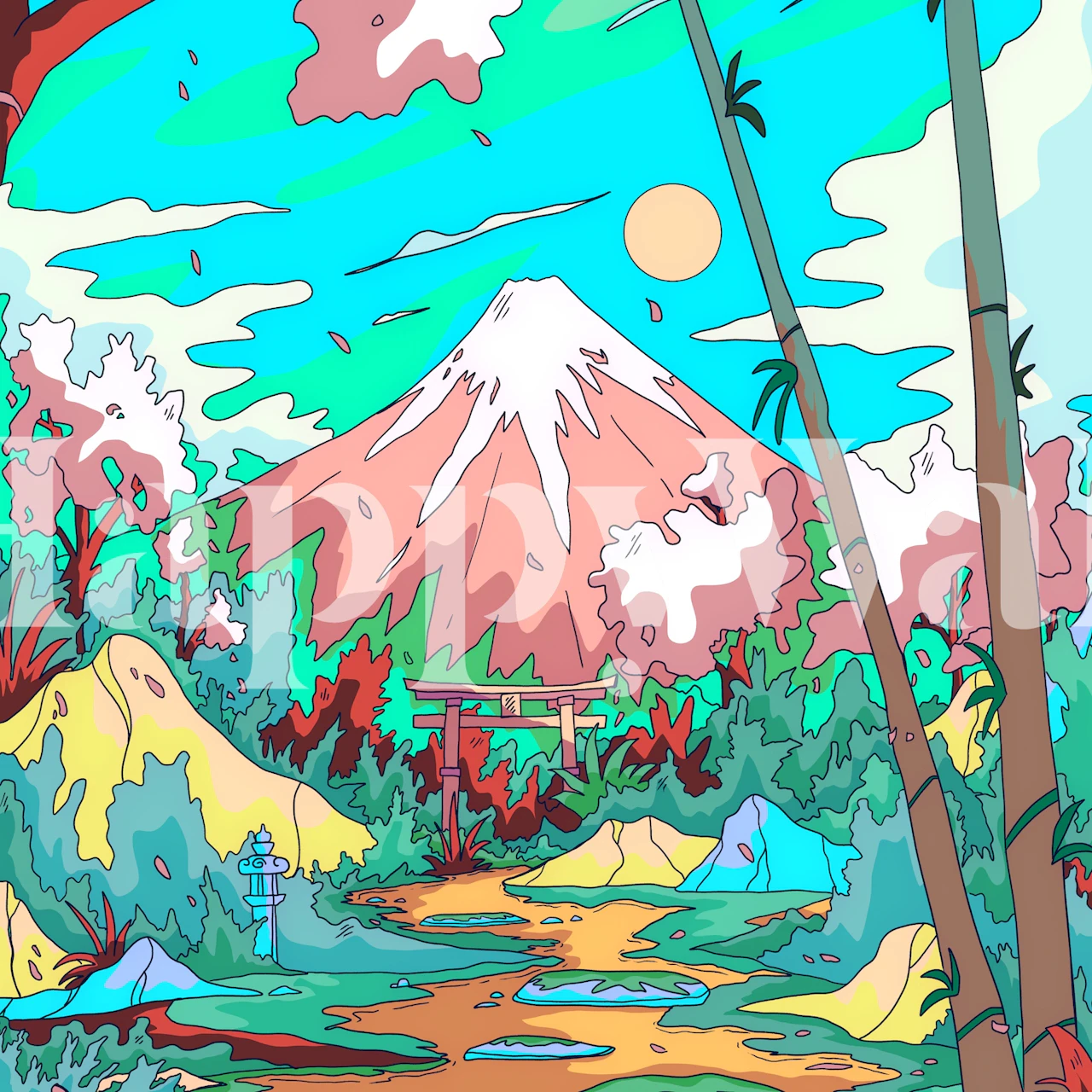 Colorful mountain landscape with pink peak and greenery wallpaper