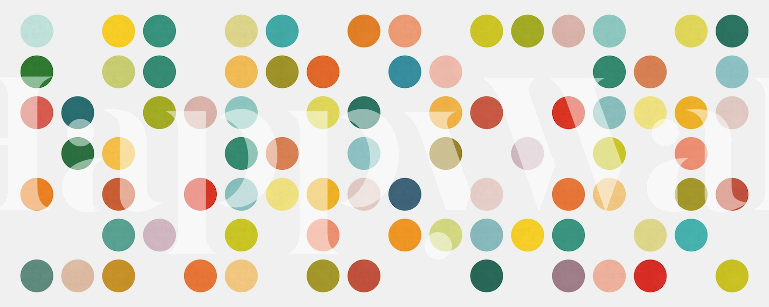 Fargerikt prikkete veggmaleri med sirkler i flere størrelser i forskjellige nyanser