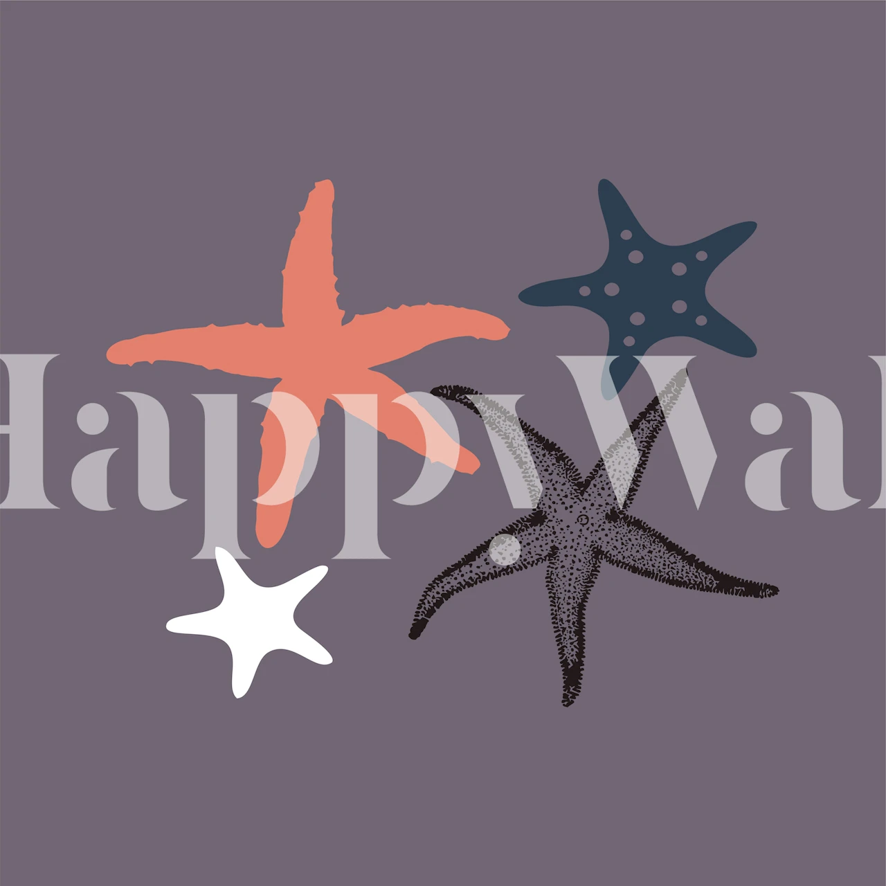 Starfish pattern in plum, coral, and navy on purple wallpaper