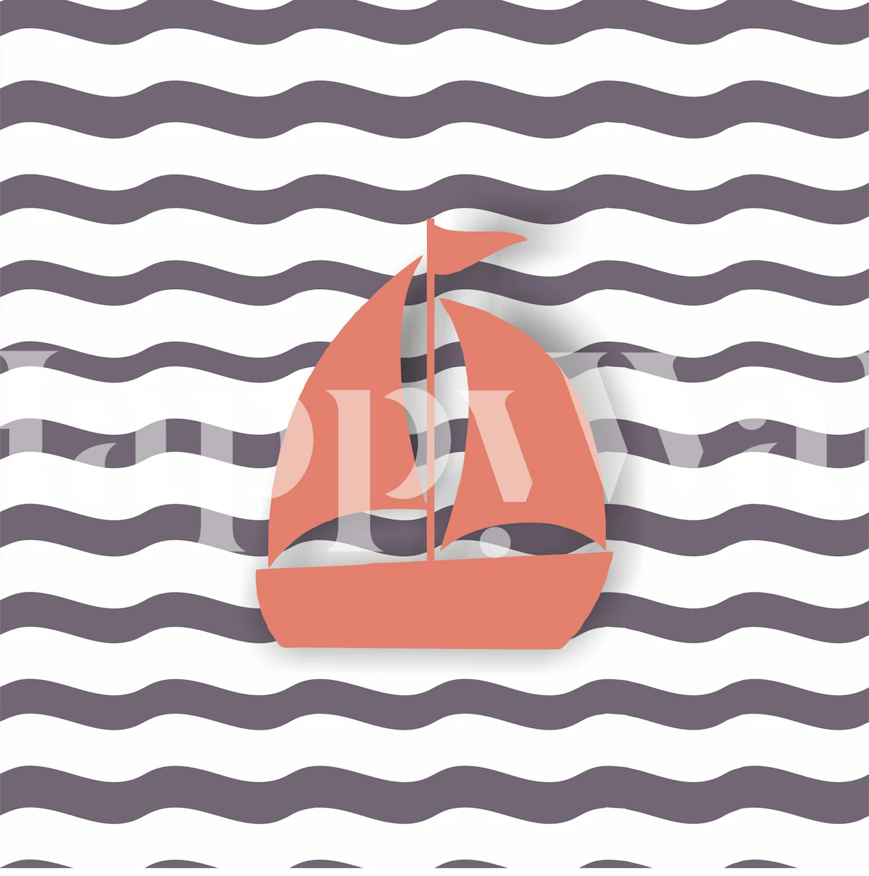 Sailboat on wavy plum and white background wallpaper