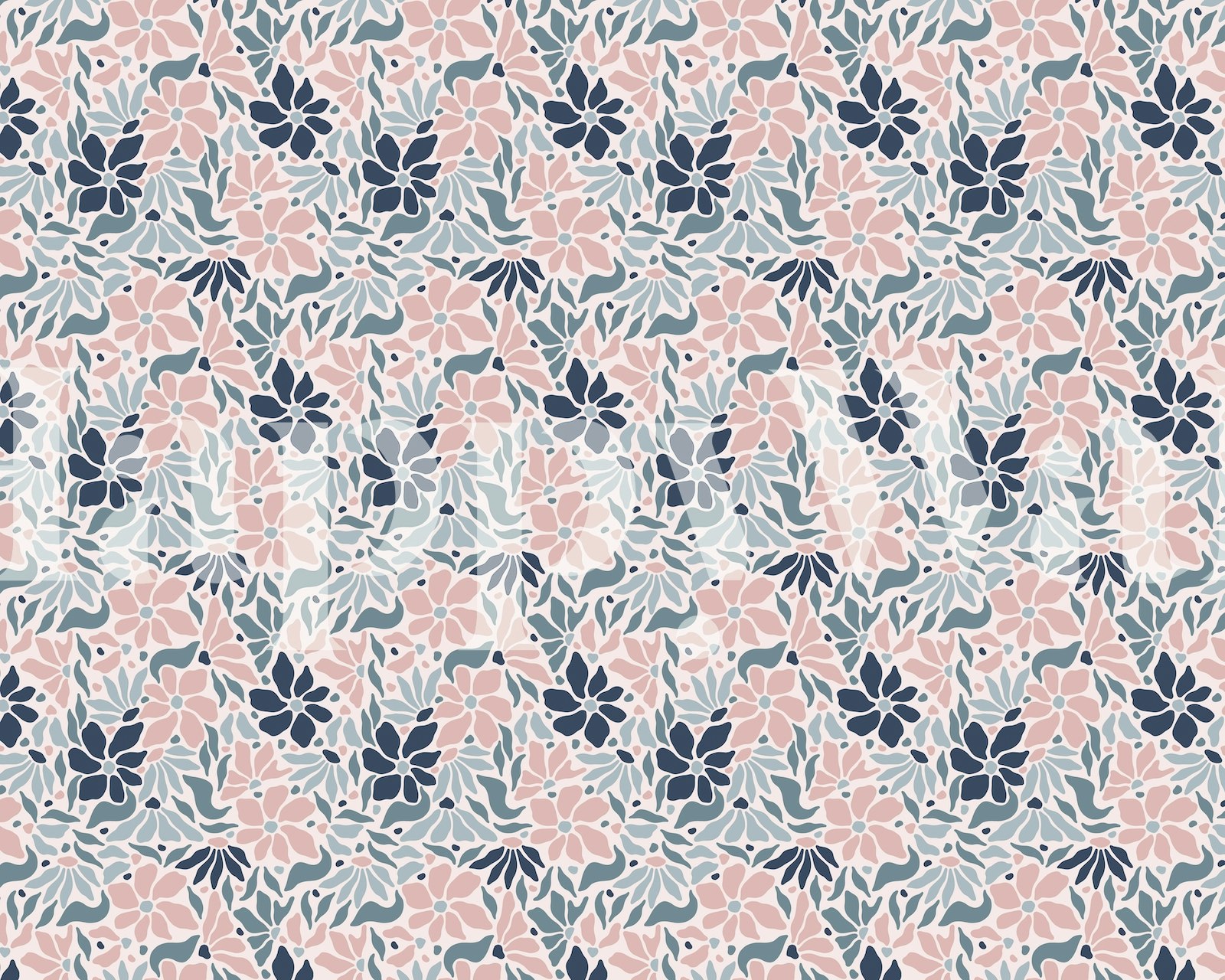 Groovy Flower Pink Blue τοιχογραφία με μοτίβο ροζ και μπλε λουλουδιών σε μαλακό γκρι φόντο