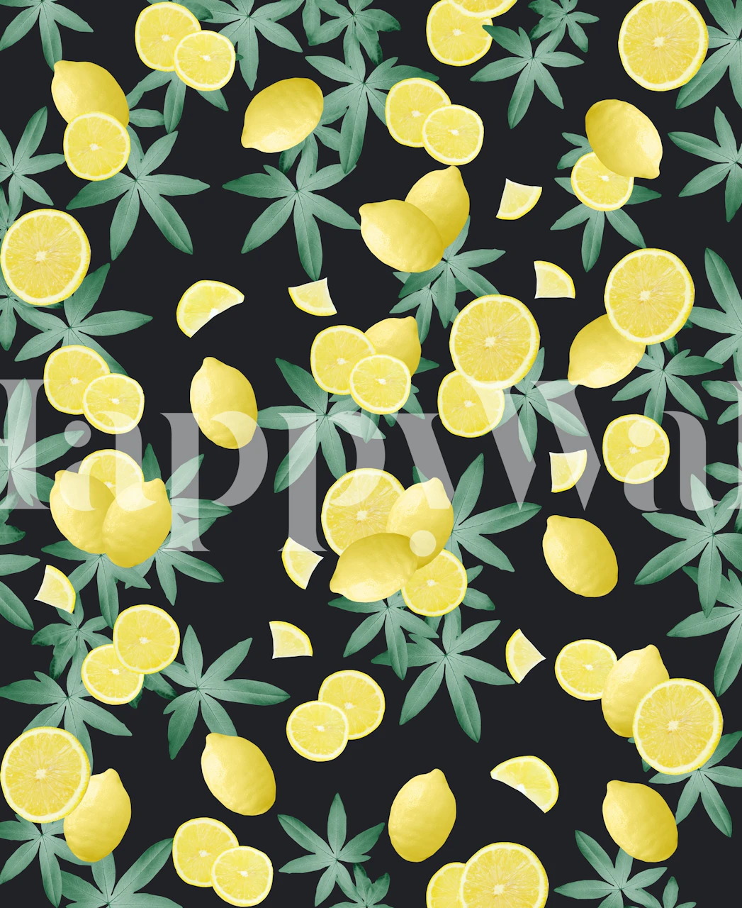Lemon and green leaves floral pattern black wallpaper