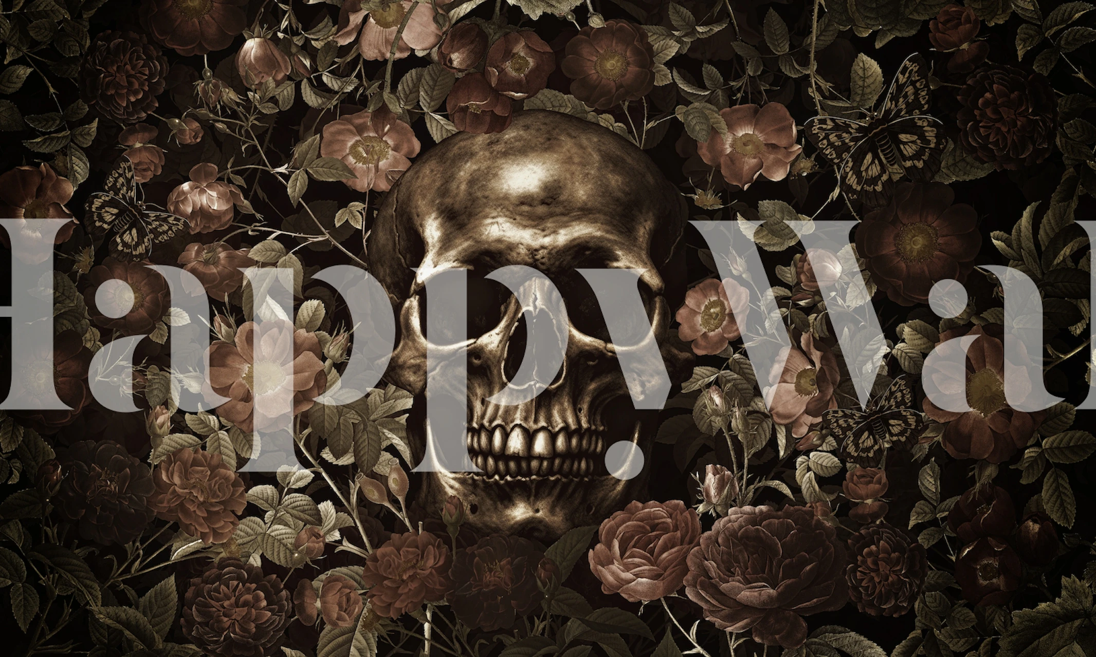 Skull surrounded by dark roses and foliage wallpaper