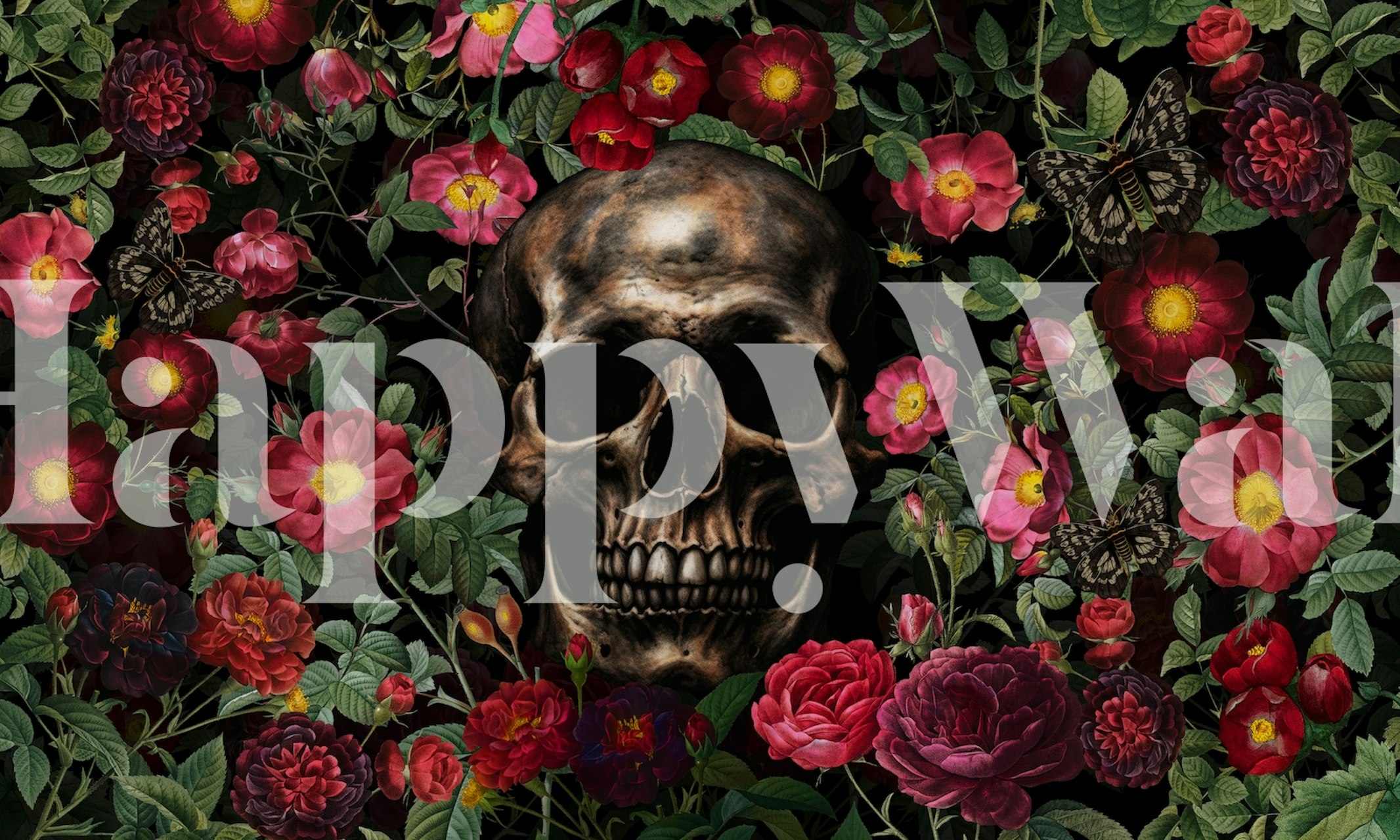 Baroque skull and roses wallpaper design in a room