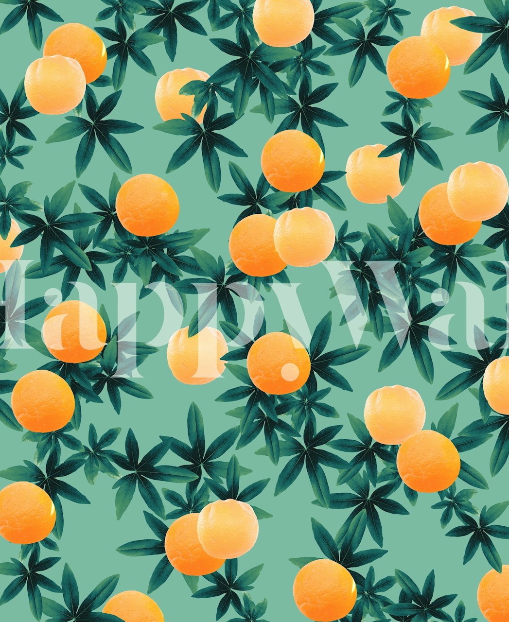 Tropical orange fruit design with green leaves wallpaper