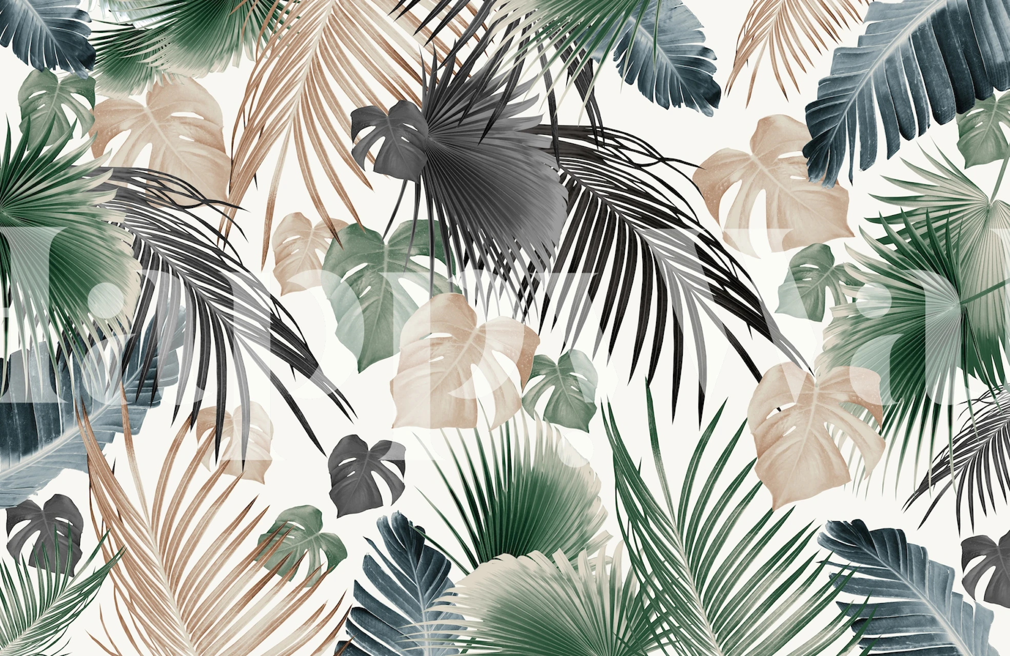 Tropical palm leaves in green, black, and beige colors wallpaper