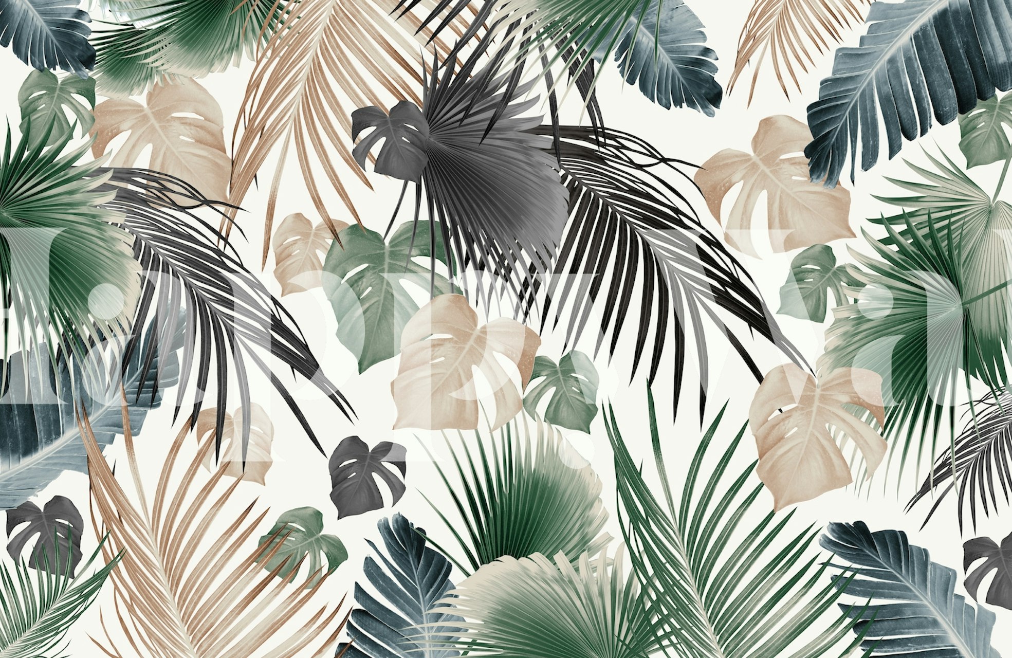 Tropical palm leaves in green, black, and beige colors wallpaper