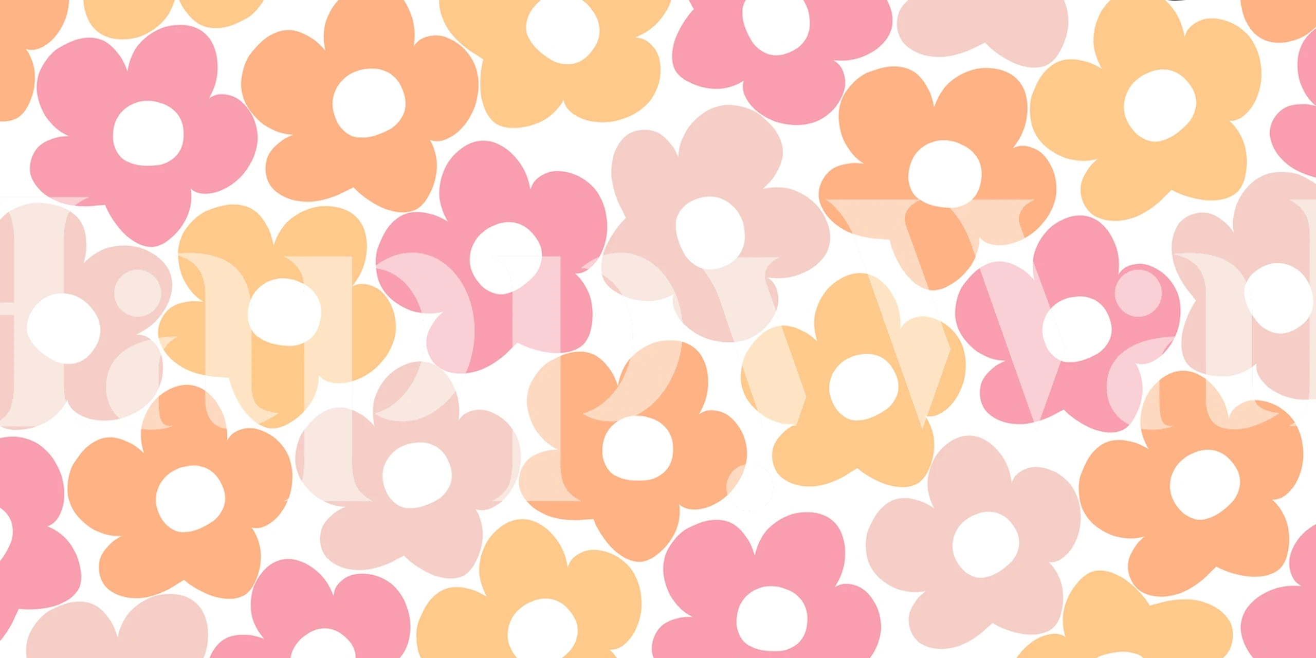 A pattern of stylized daisies in peach, yellow, and pink colors on a white background, named Retro Summer Daisies 1.