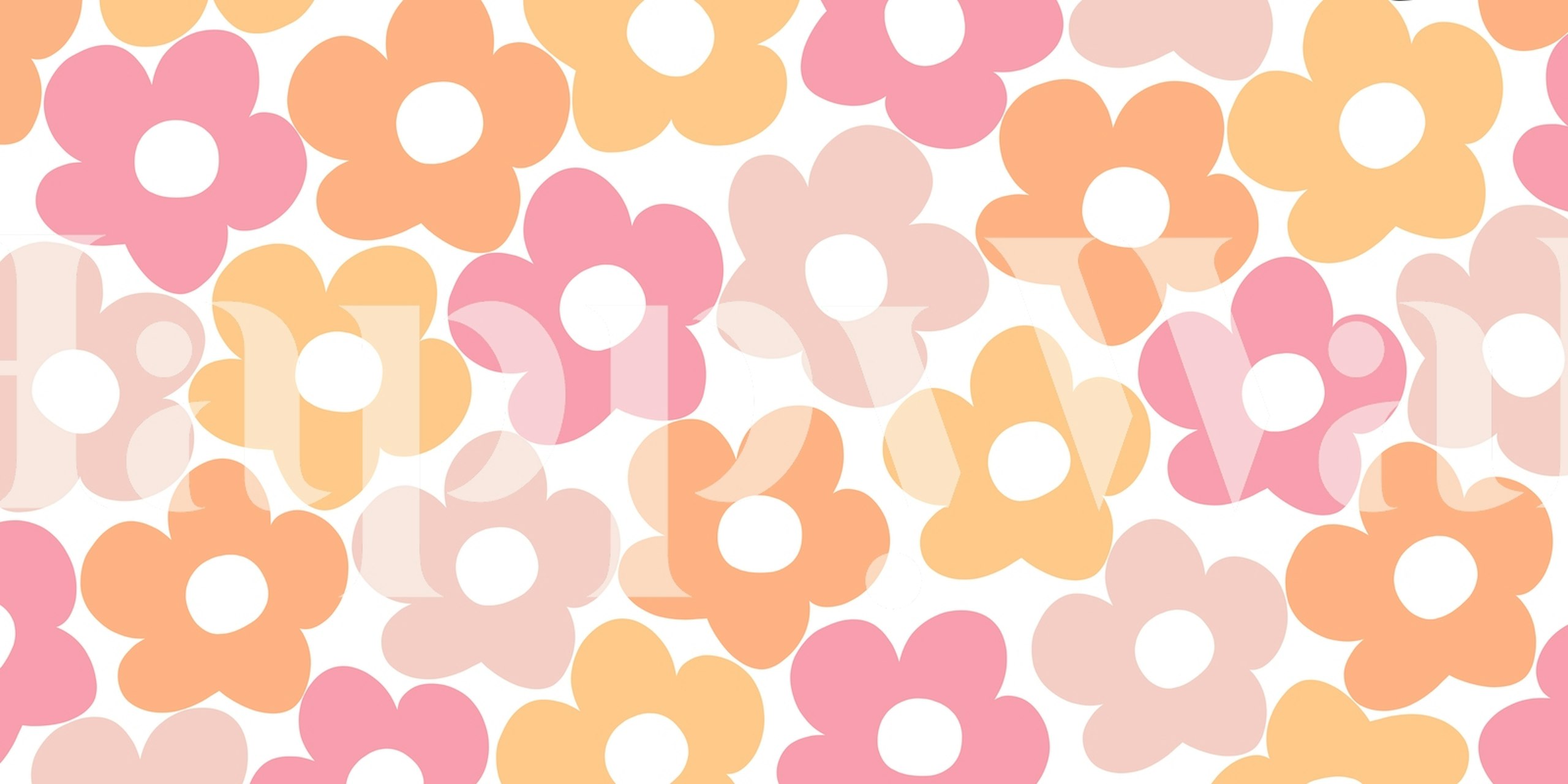 Un motivo di margherite stilizzate nei colori pesca, giallo e rosa su sfondo bianco, denominato Retro Summer Daisies 1.