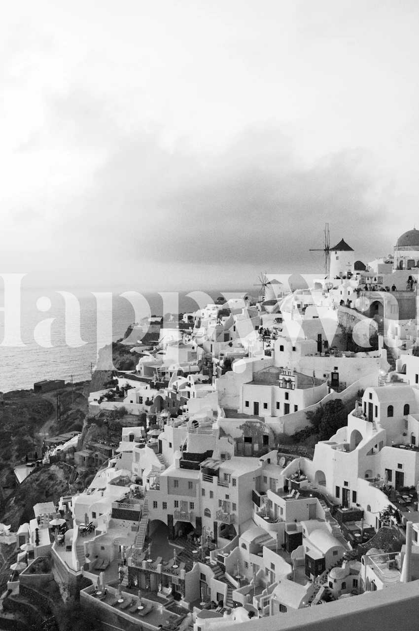 Black and white Santorini coastal village wallpaper