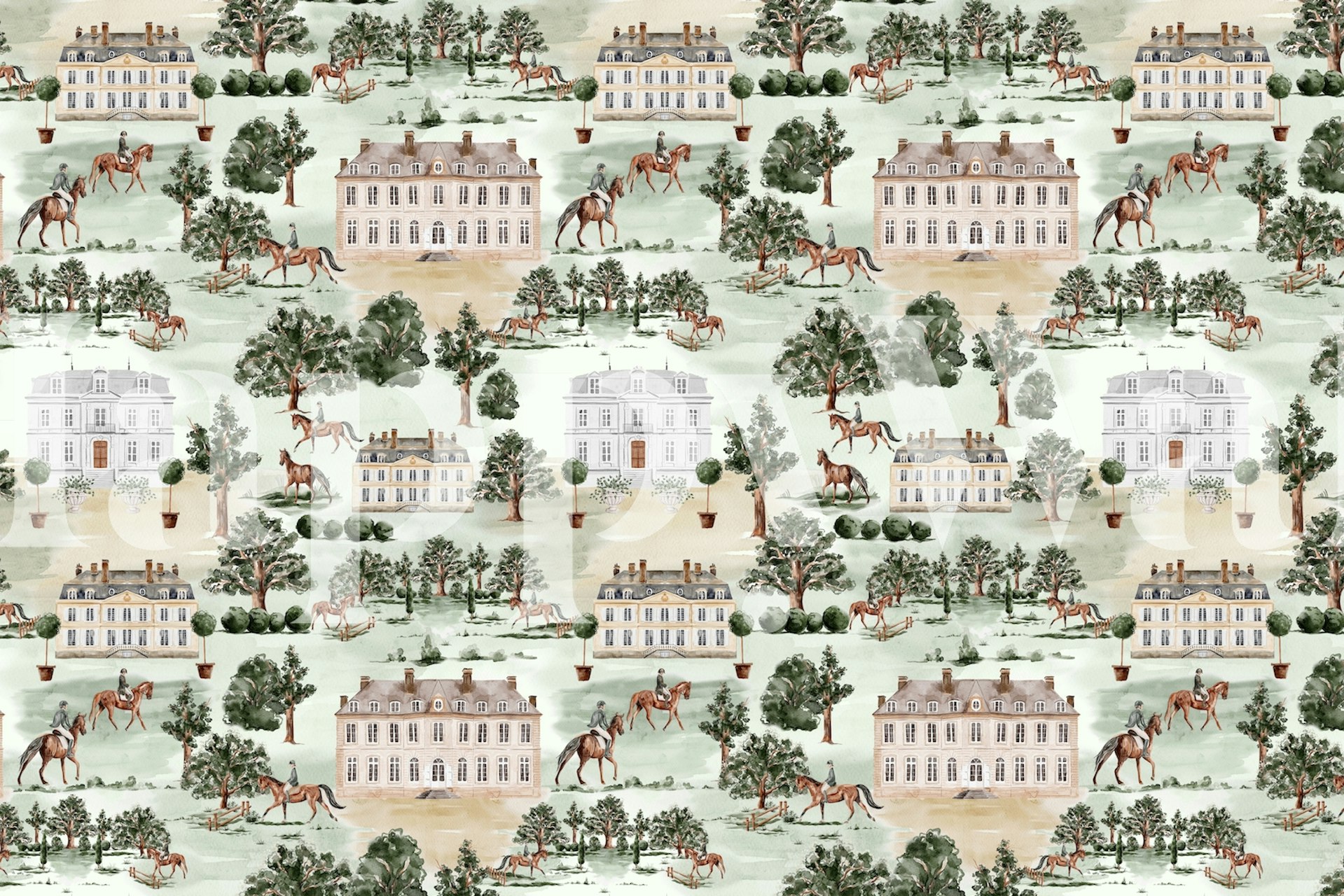 Pastel-toned English country garden houses wall mural with greenery