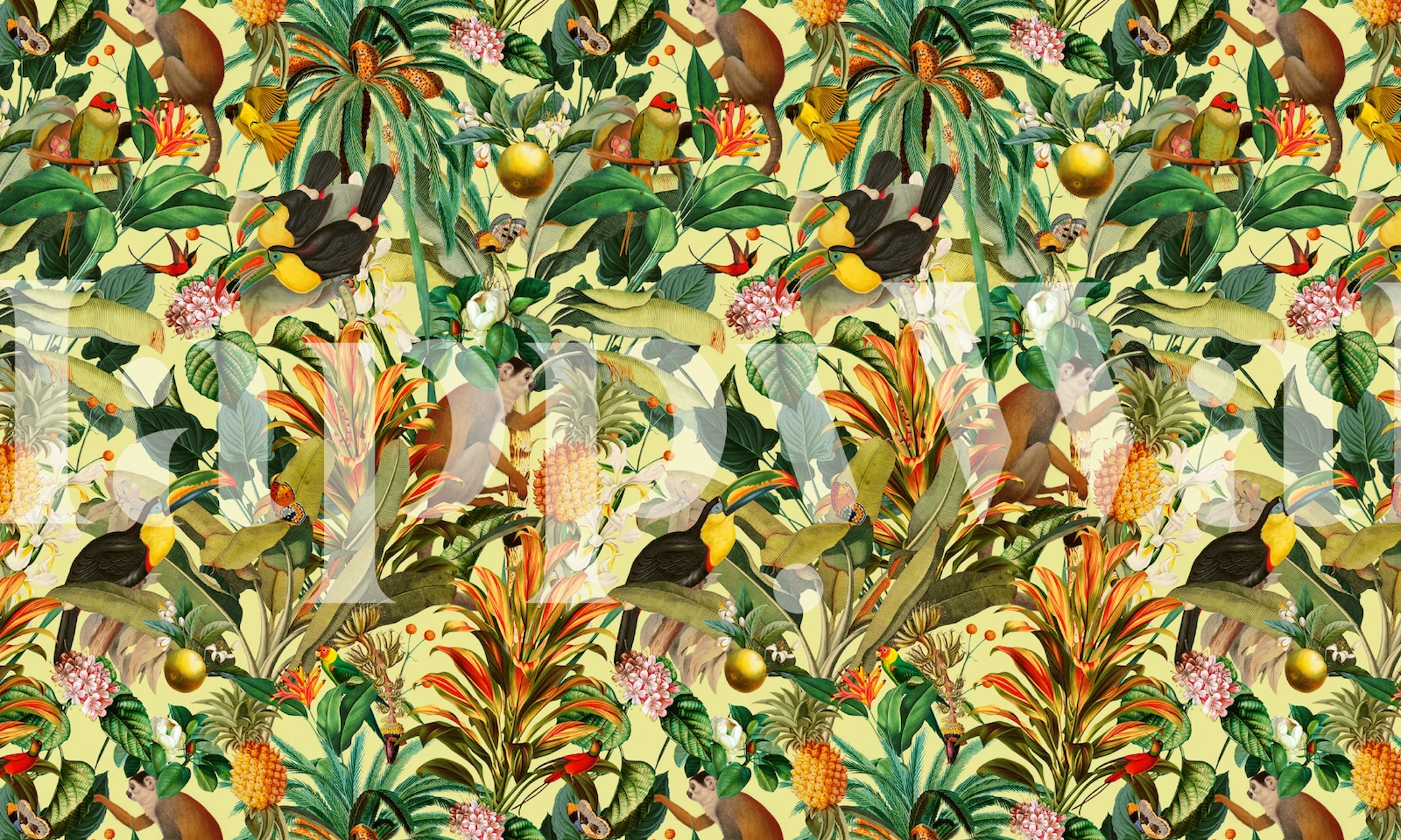 Tropical foliage, monkeys, and toucans in vibrant colors wallpaper