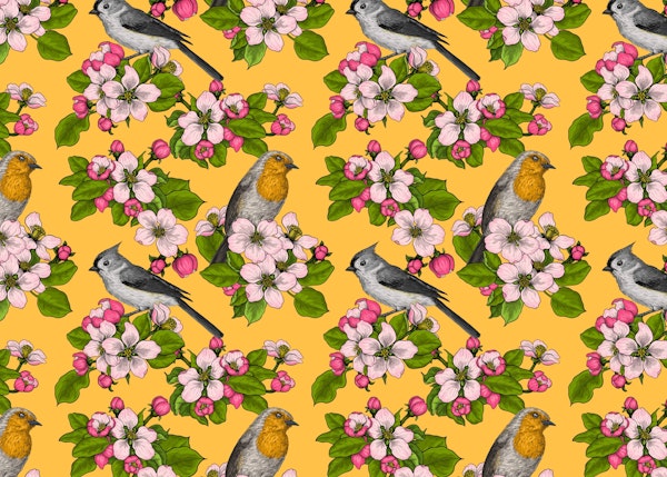 Birds and Blossoms on yellow