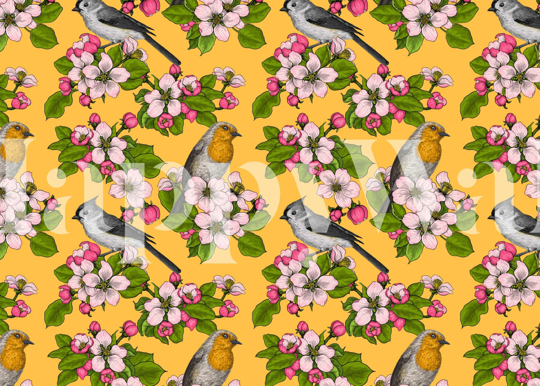 Birds and Blossoms behang op gele achtergrond