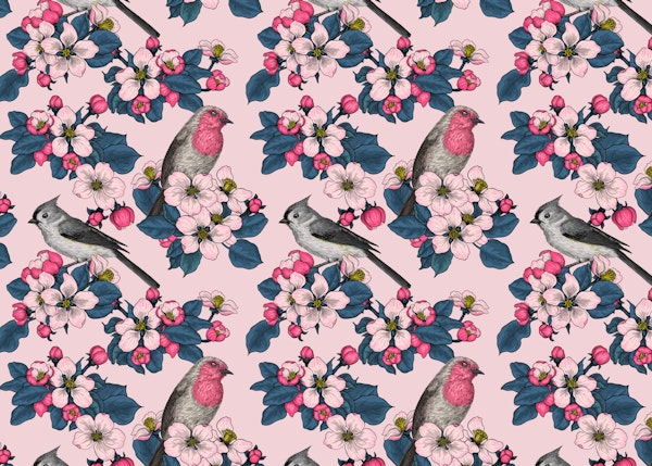 Birds and Blossoms on pink