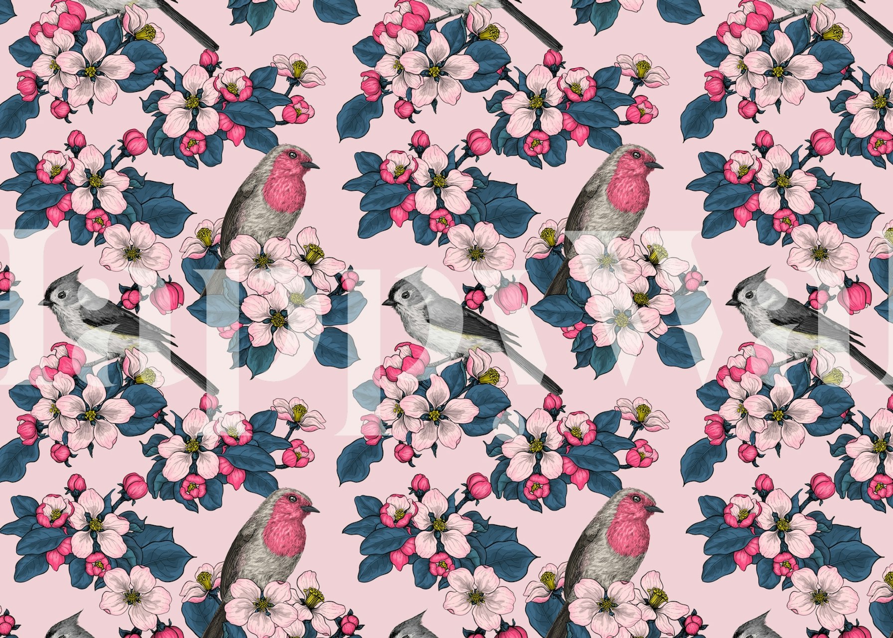 Wall mural with birds and cherry blossoms in pink hues