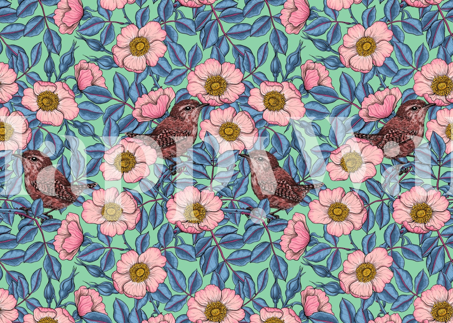 Wrens in the Roses wall mural with blue, pink, and green floral pattern