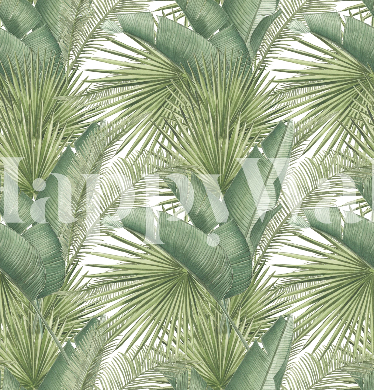 Tropical green leaf wallpaper, featuring various palm leaves in green shades on a light background