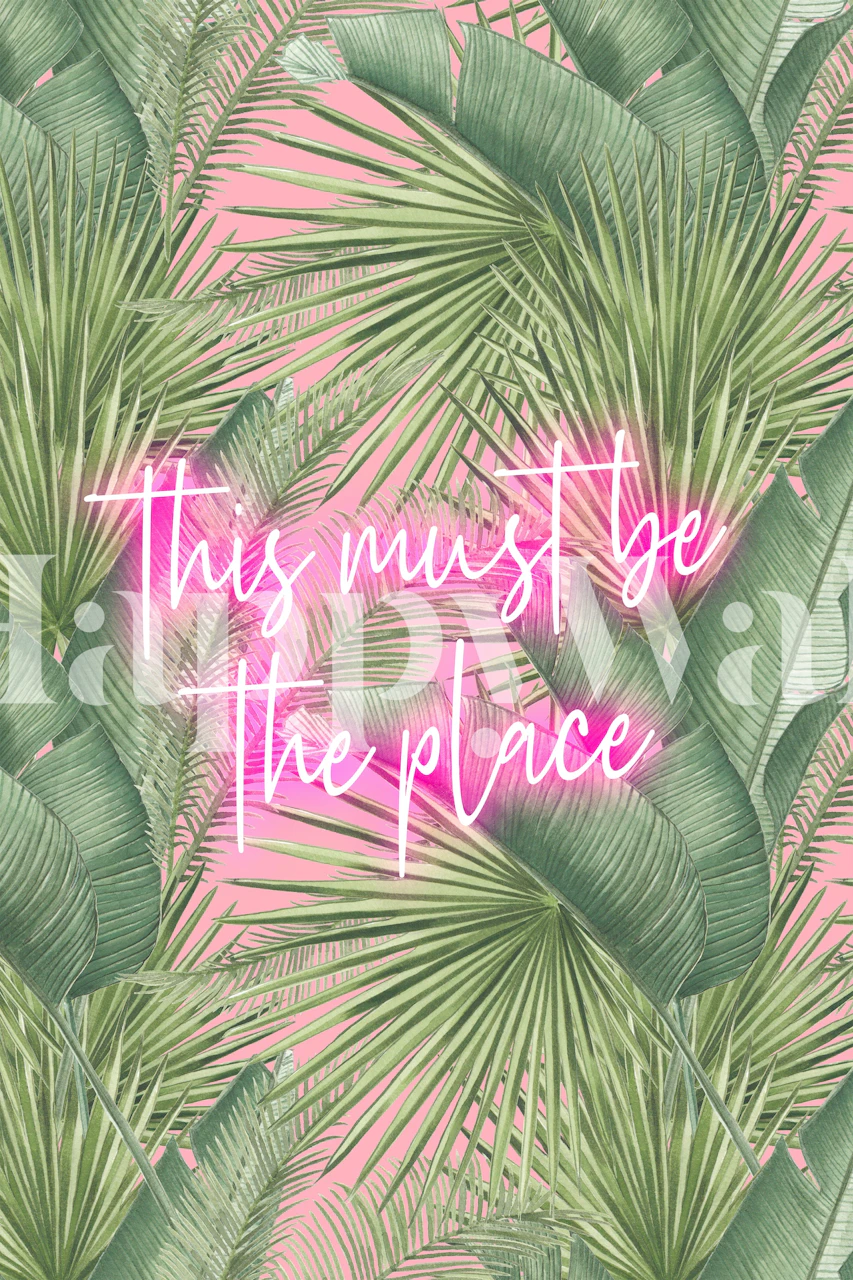Tropical palm leaves on pink background with neon text wallpaper