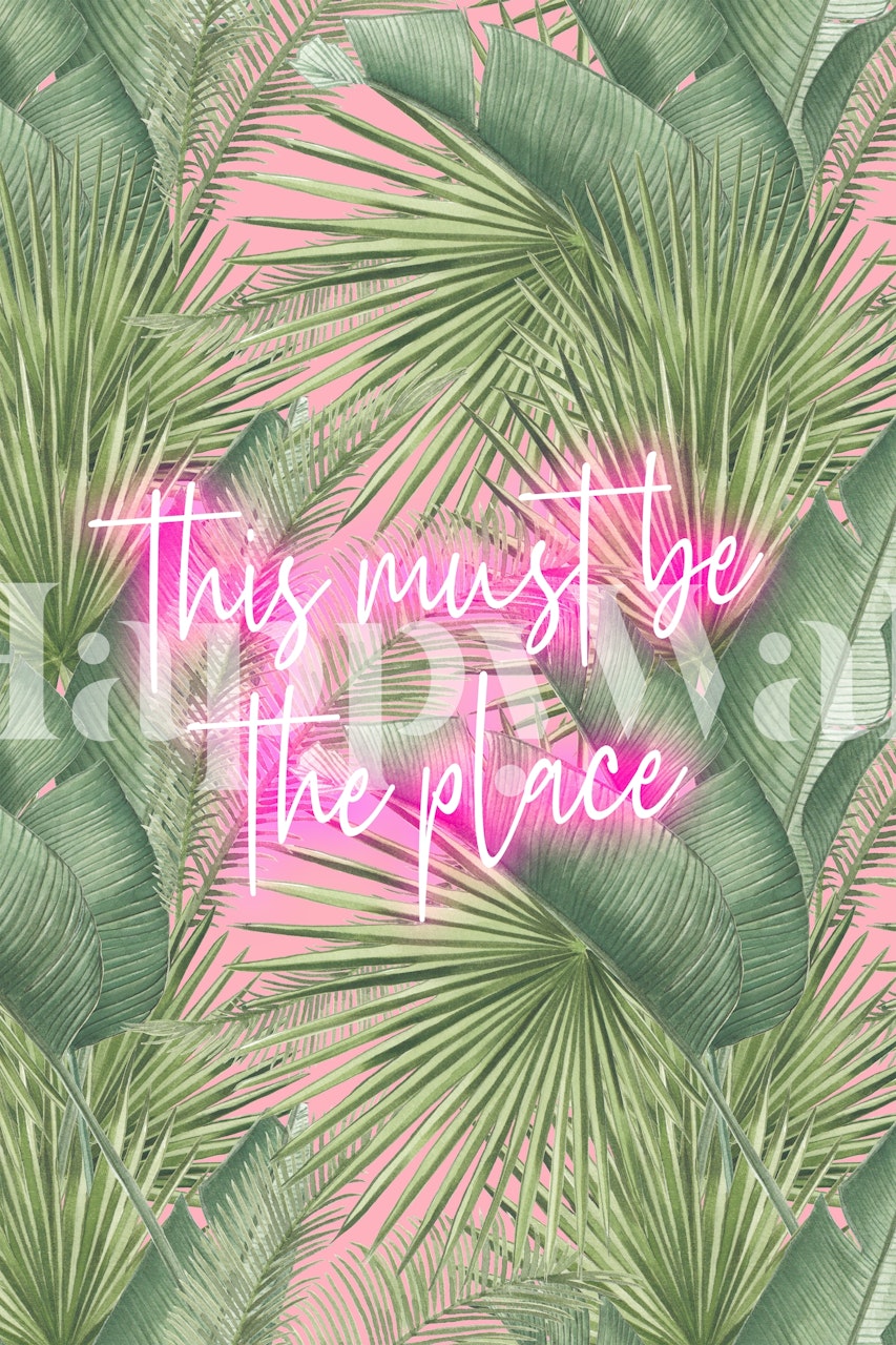 Tropical palm leaves on pink background with neon text wallpaper