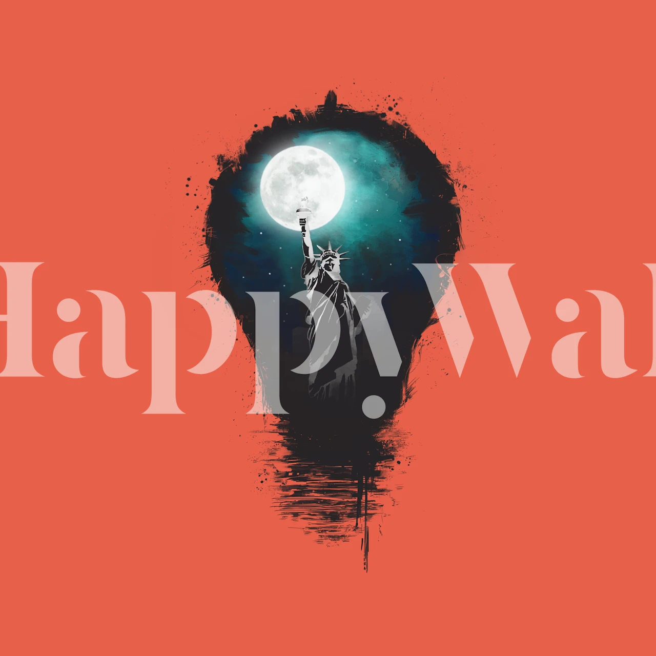 Statue of Liberty silhouette against a bright orange background with a large moon above. Wallpaper