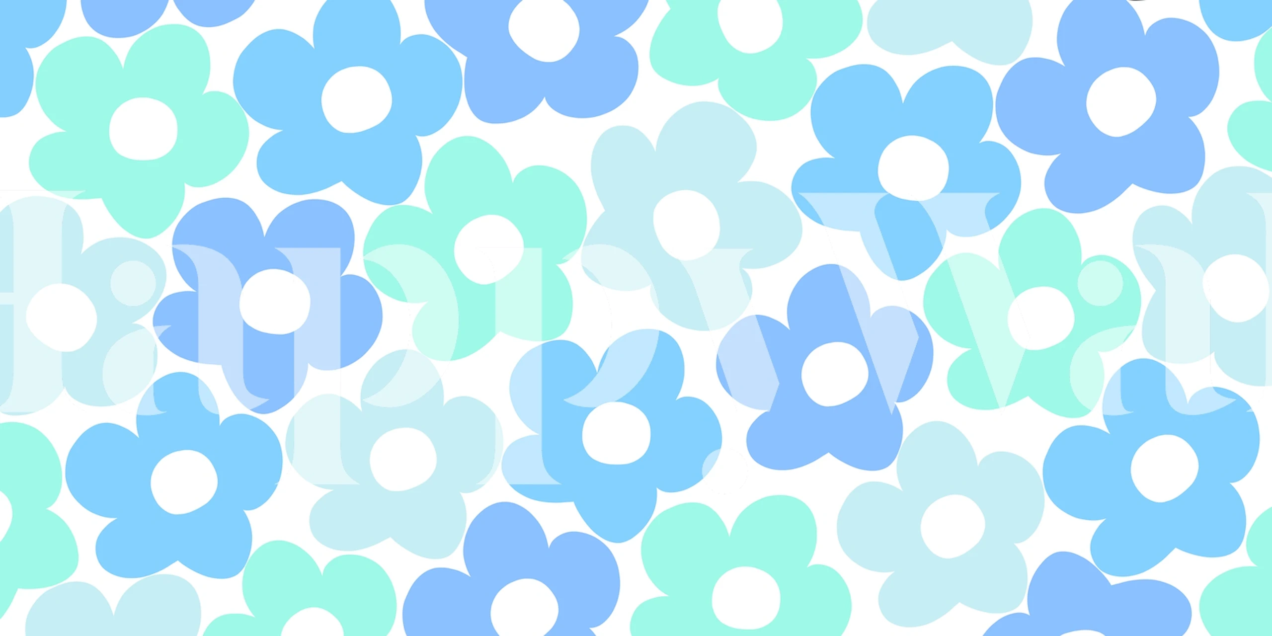 Light blue and green flower pattern on white wallpaper